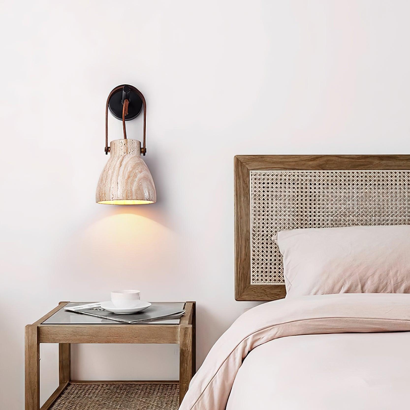 Wall Lamp Metal Body Wood Strap Travertine Shade Minimalist - Letslighting