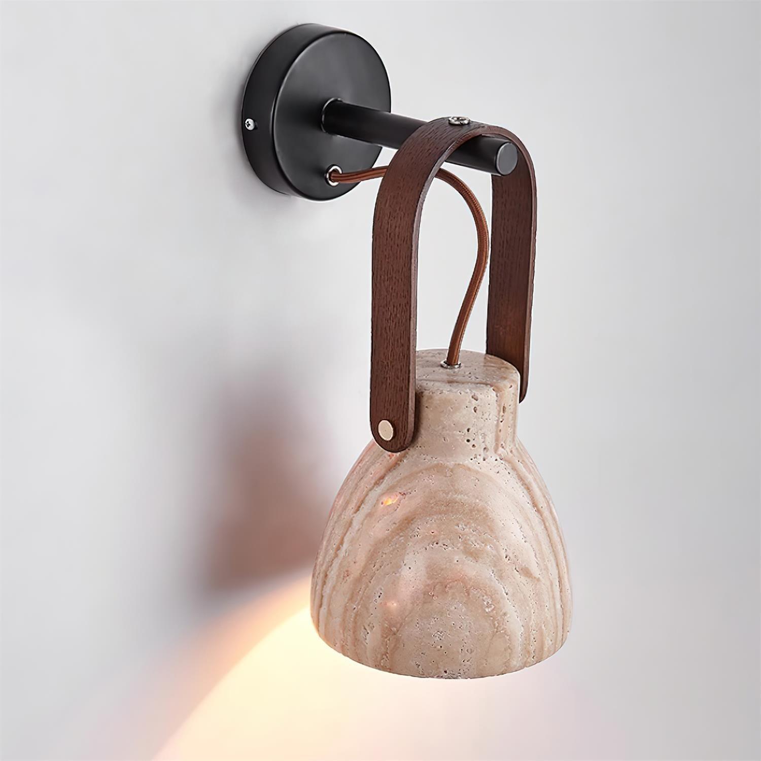 Wall Lamp Metal Body Wood Strap Travertine Shade Minimalist - Letslighting