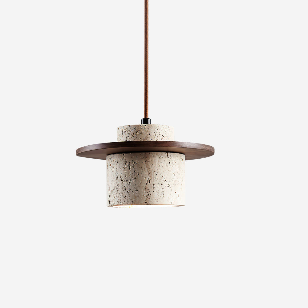 Pendant Lamp Travertine Cylinder Walnut Wood Disc Artisanal - Letslighting