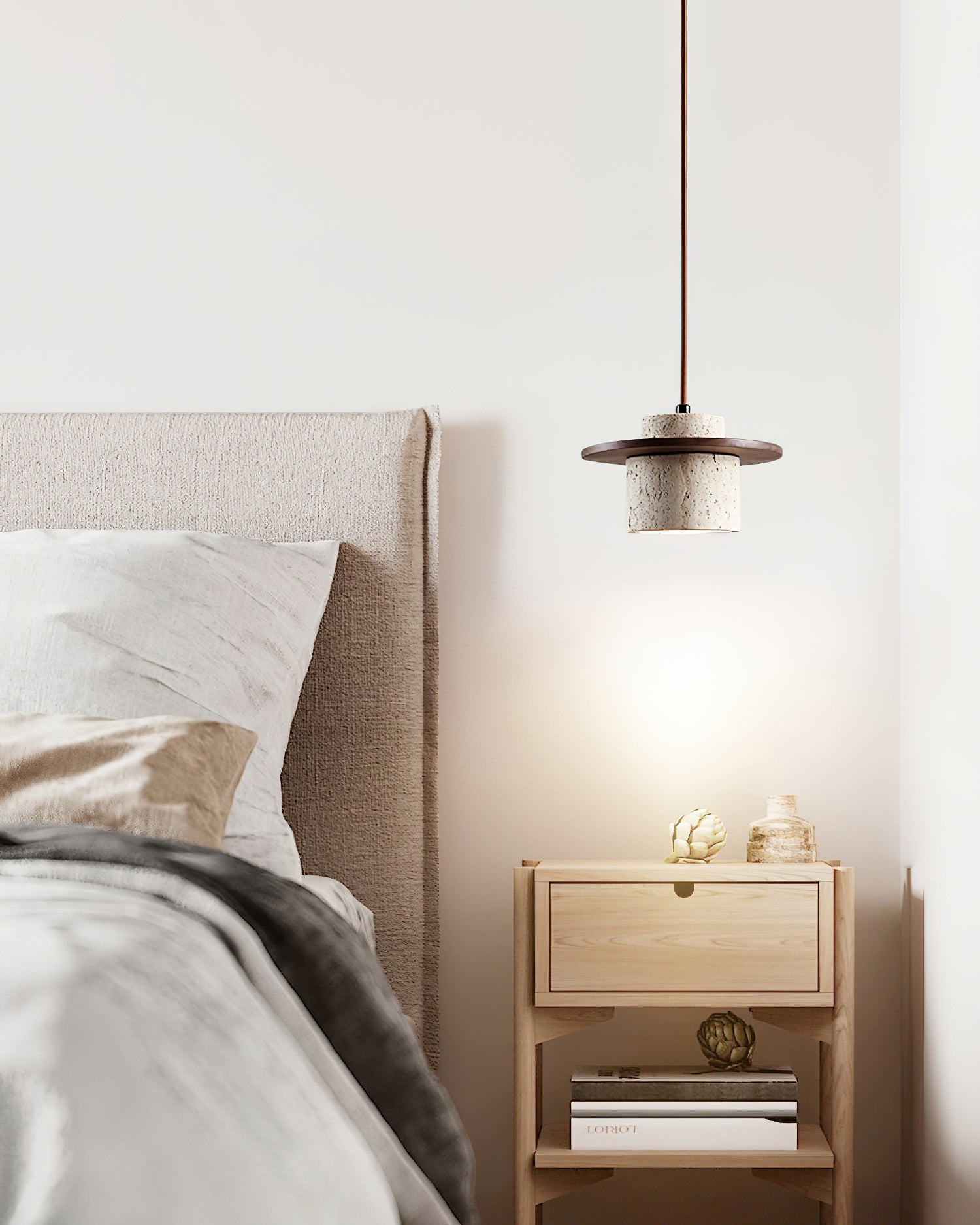 Pendant Lamp Travertine Cylinder Walnut Wood Disc Artisanal - Letslighting