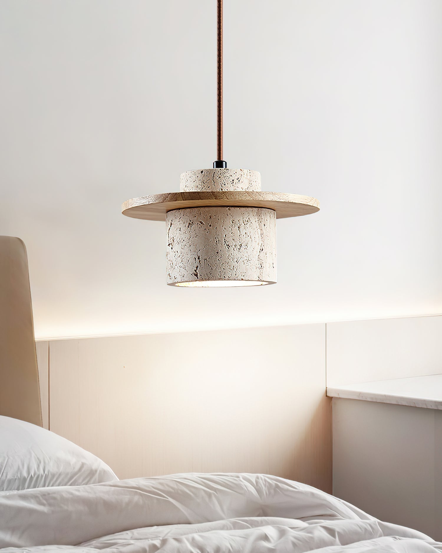 Ritta Pendant Light Travertine Cylinder Disc Wood - Letslighting