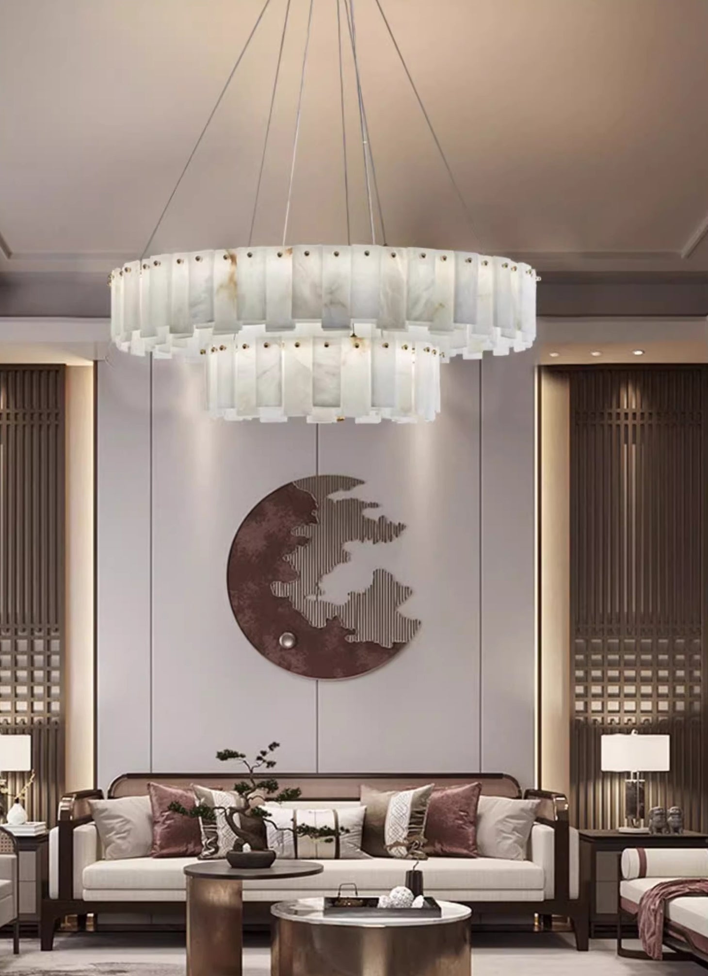 Aero Postmodern Luxury Round Brass Alabaster Chandelier - Letslighting