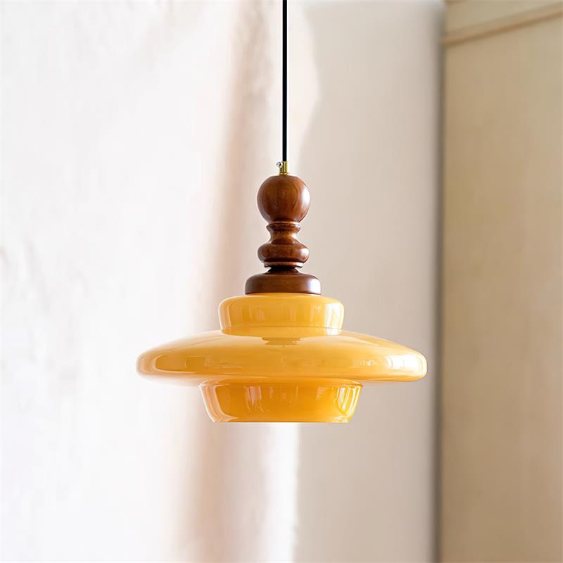 Pendelleuchte Gelbes Glas mit Walnussholz Akzent Retro-Letslighting