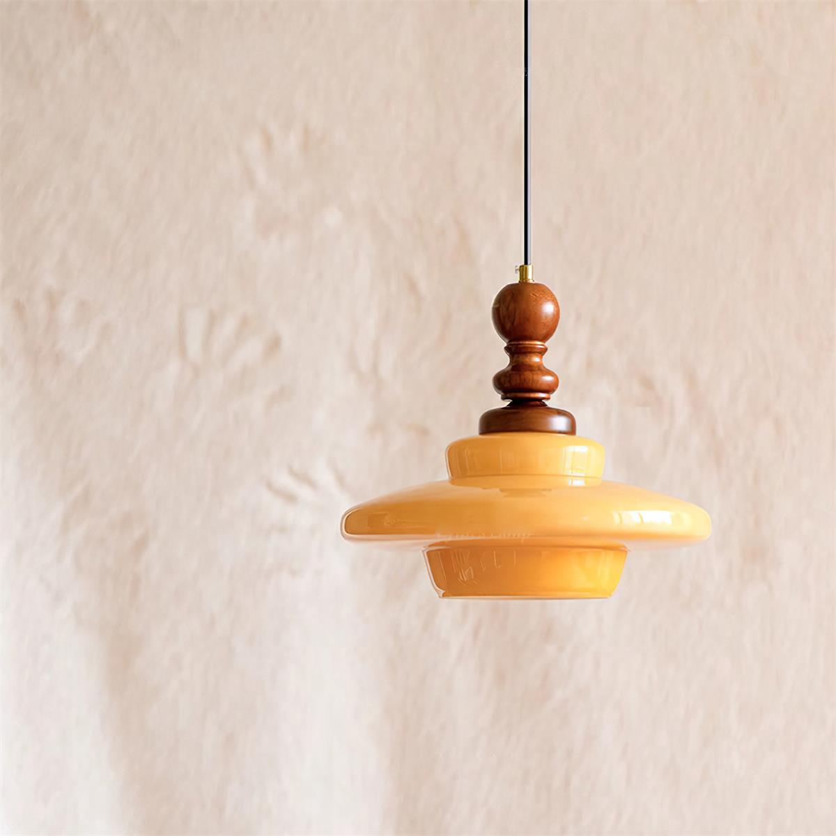 Pendelleuchte Gelbes Glas mit Walnussholz Akzent Retro-Letslighting