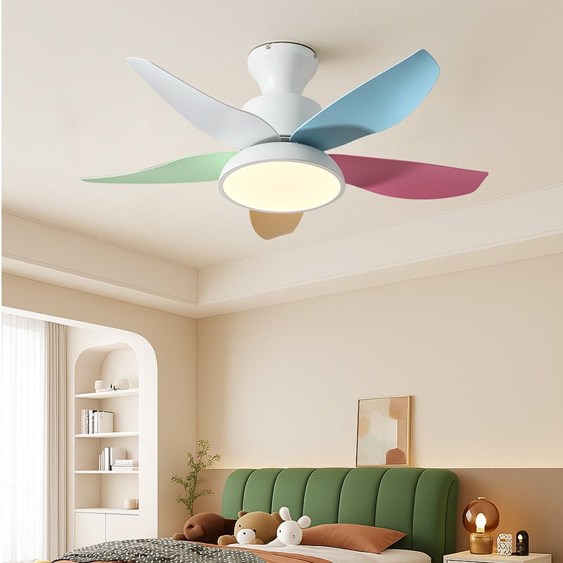 Nahaufnahme der bunten Lüfterflügel und des Acrylschirms des Milo Deckenventilators mit Licht