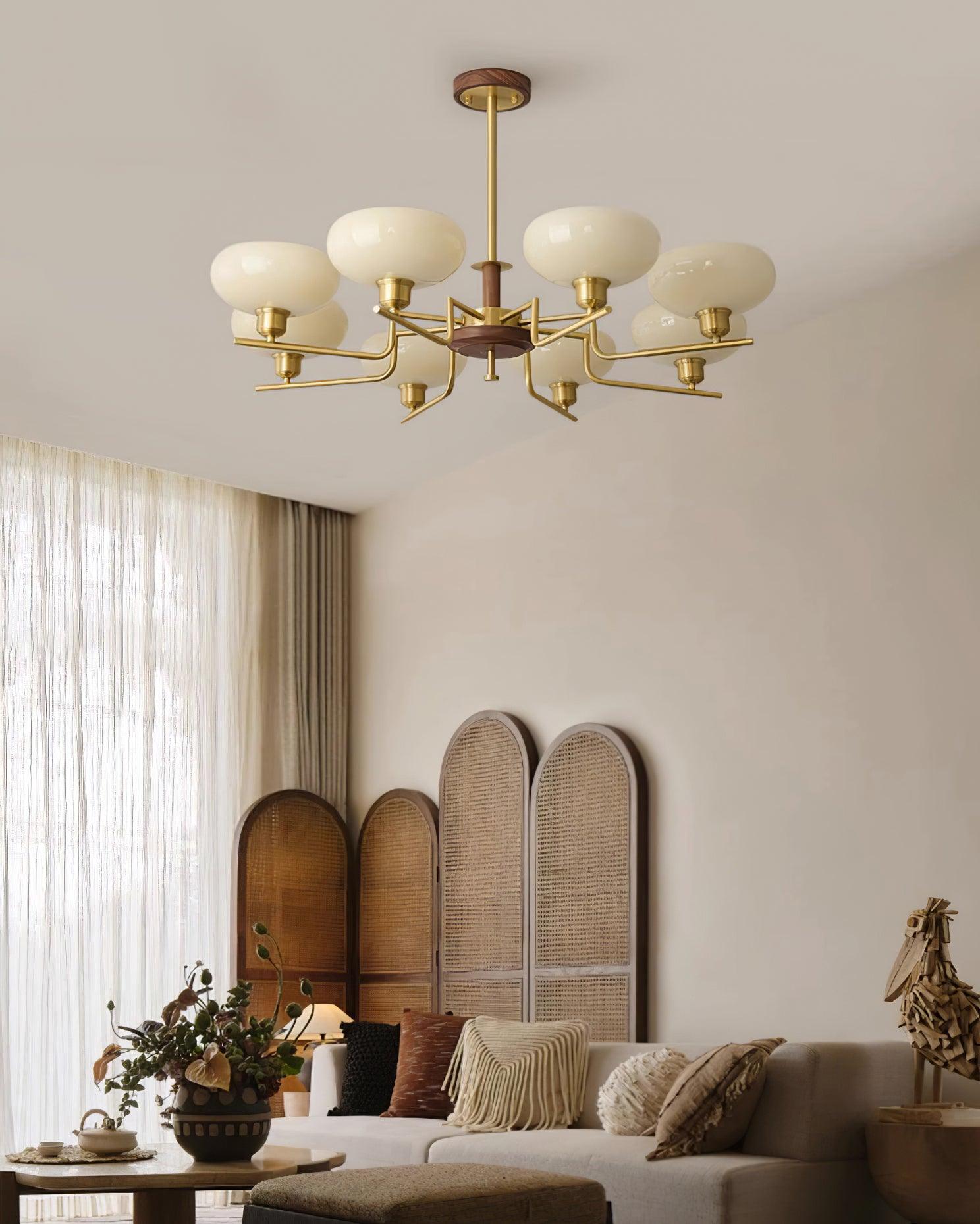 Kronleuchter Holz Messing Rahmen Glas Schirme Mittelalterlich Ambiente-Letslighting