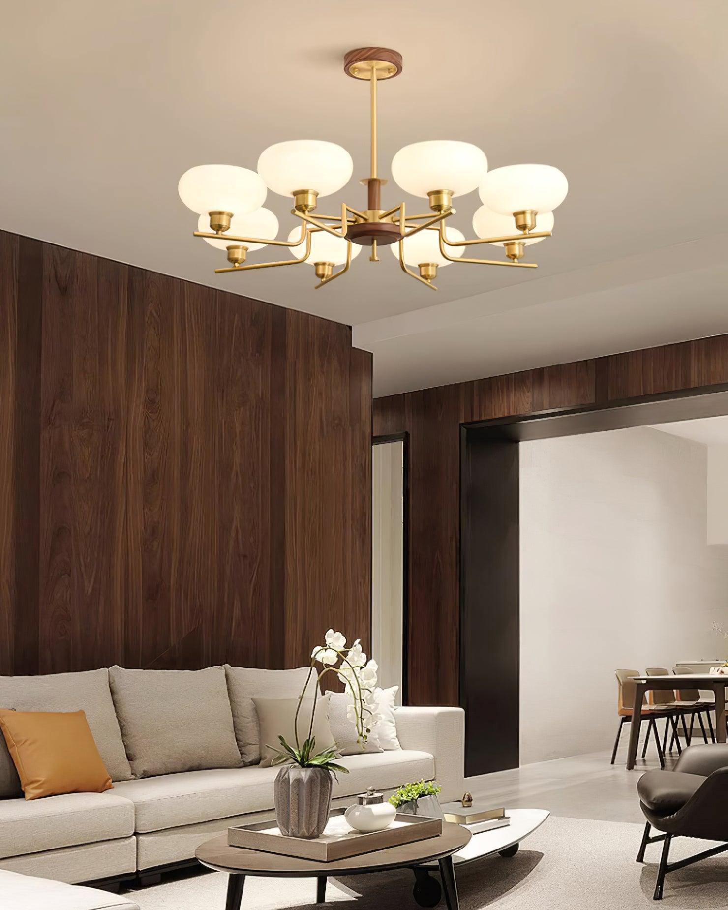 Kronleuchter Holz Messing Rahmen Glas Schirme Mittelalterlich Ambiente-Letslighting