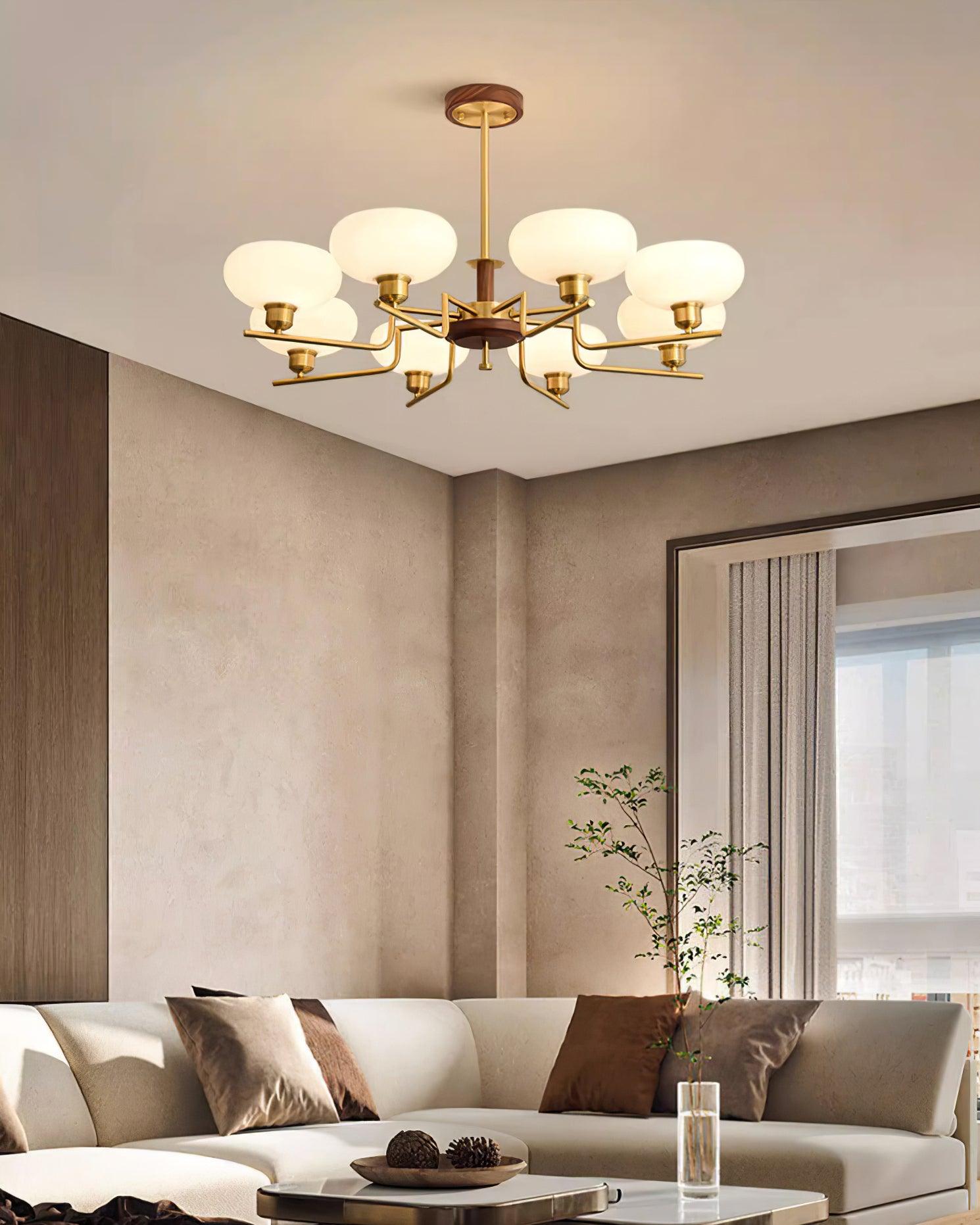Kronleuchter Holz Messing Rahmen Glas Schirme Mittelalterlich Ambiente-Letslighting