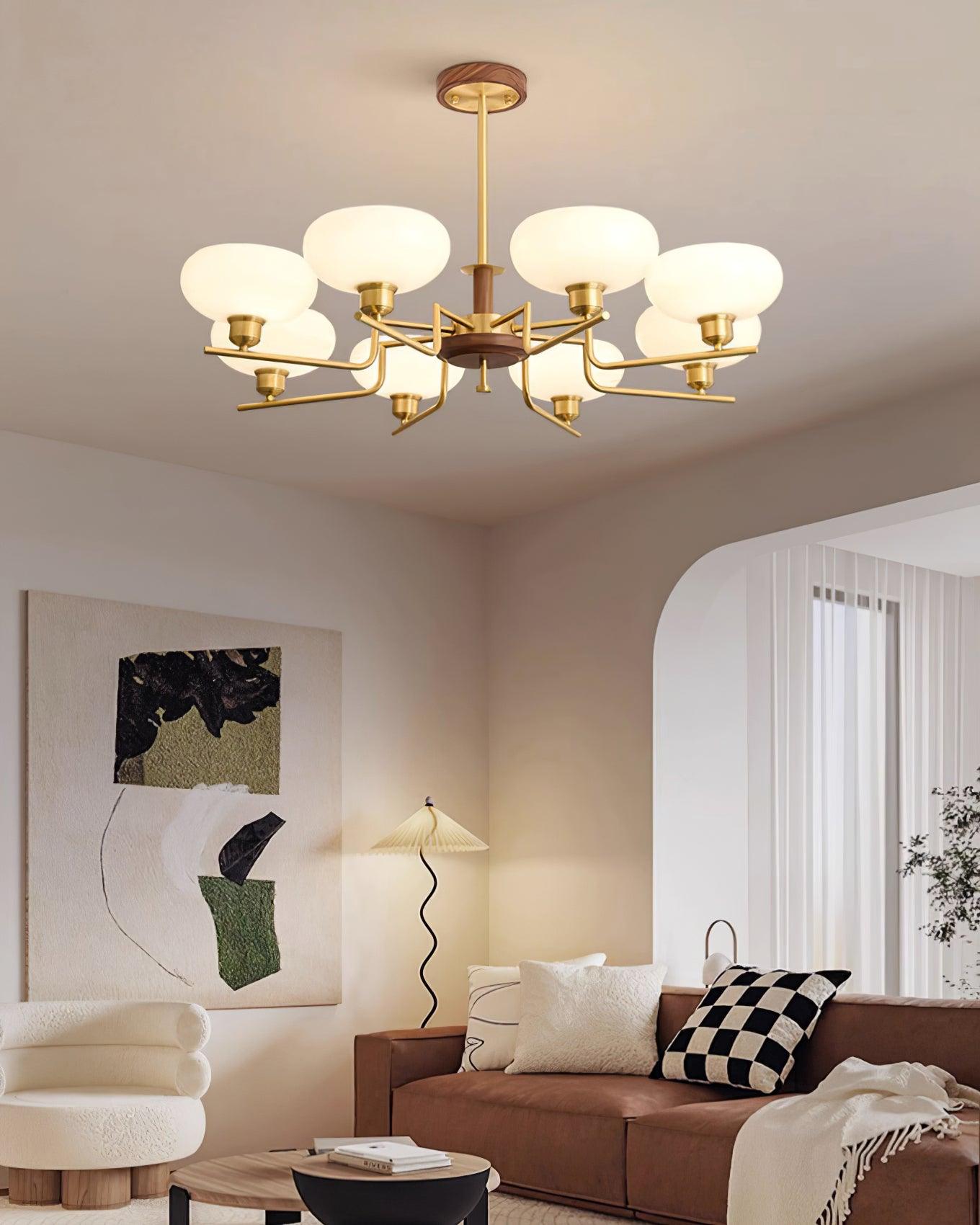 Kronleuchter Holz Messing Rahmen Glas Schirme Mittelalterlich Ambiente-Letslighting