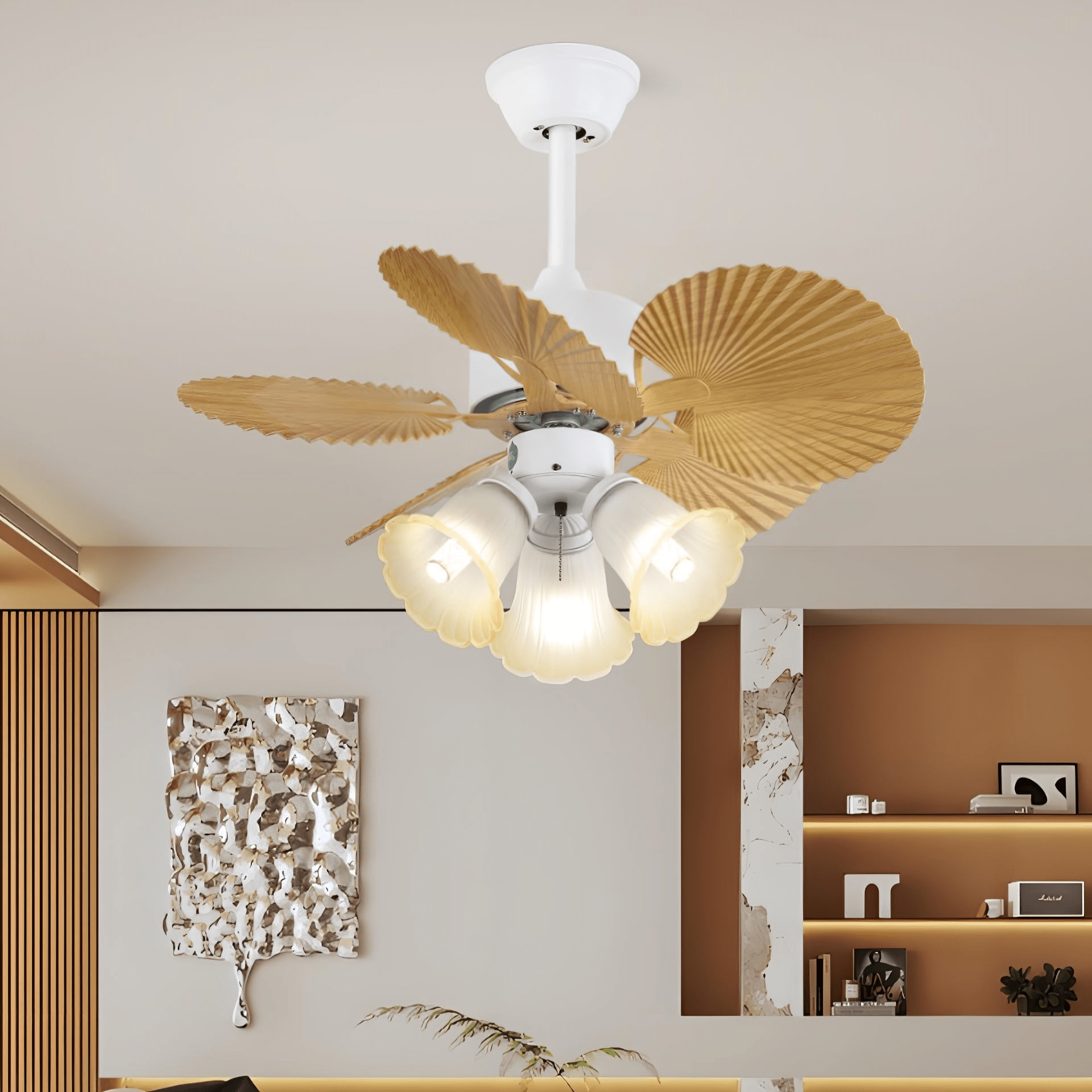 Aurelia Vintage Deckenventilatorleuchte aus Holz und Glas in einem modernen Wohnzimmerambiente