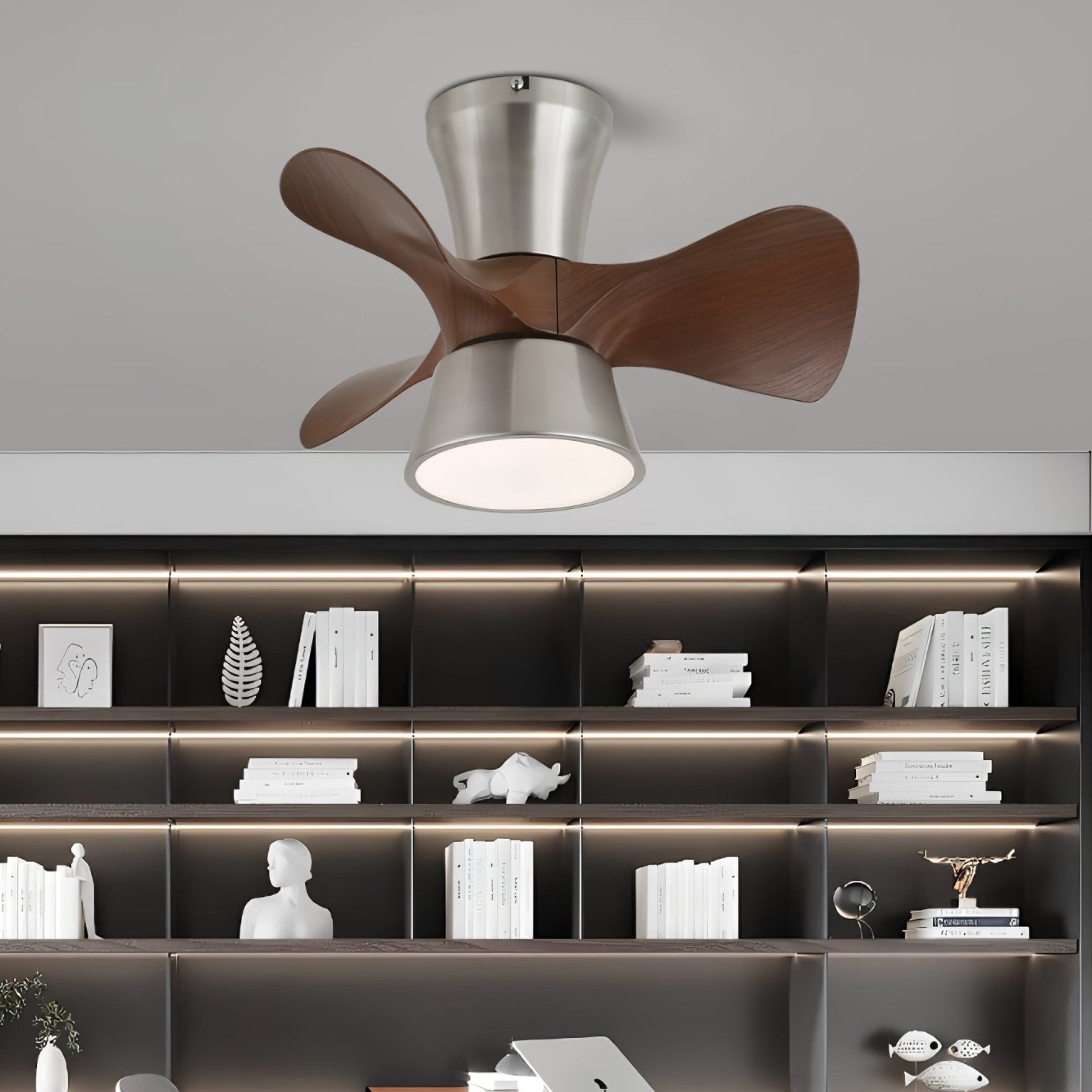 Nera Moderner Holz-Deckenventilator mit Beleuchtung, Nahaufnahme der Beleuchtung