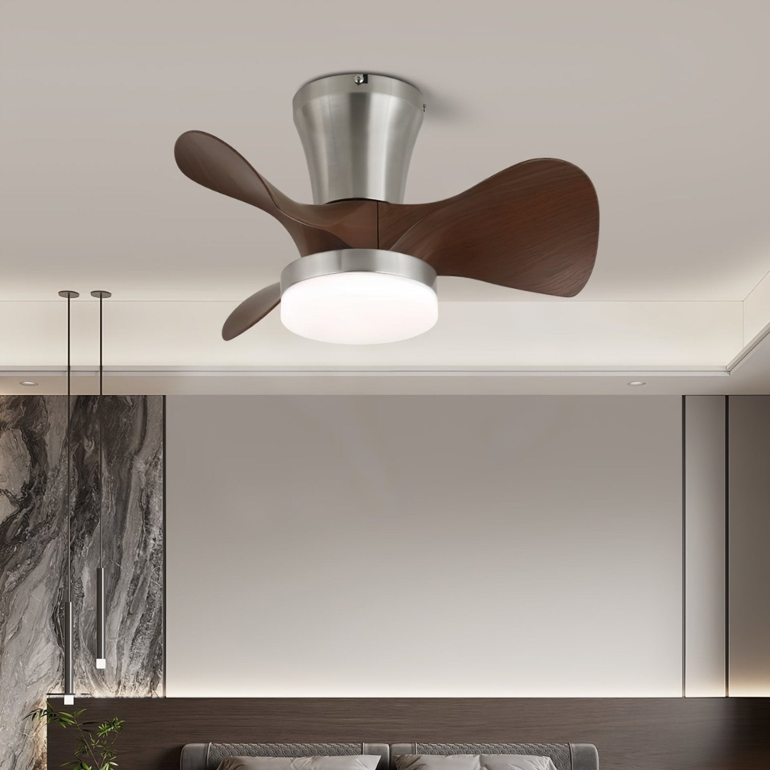 Nera Moderner Holz-Deckenventilator mit Beleuchtung, im Wohnzimmer installiert