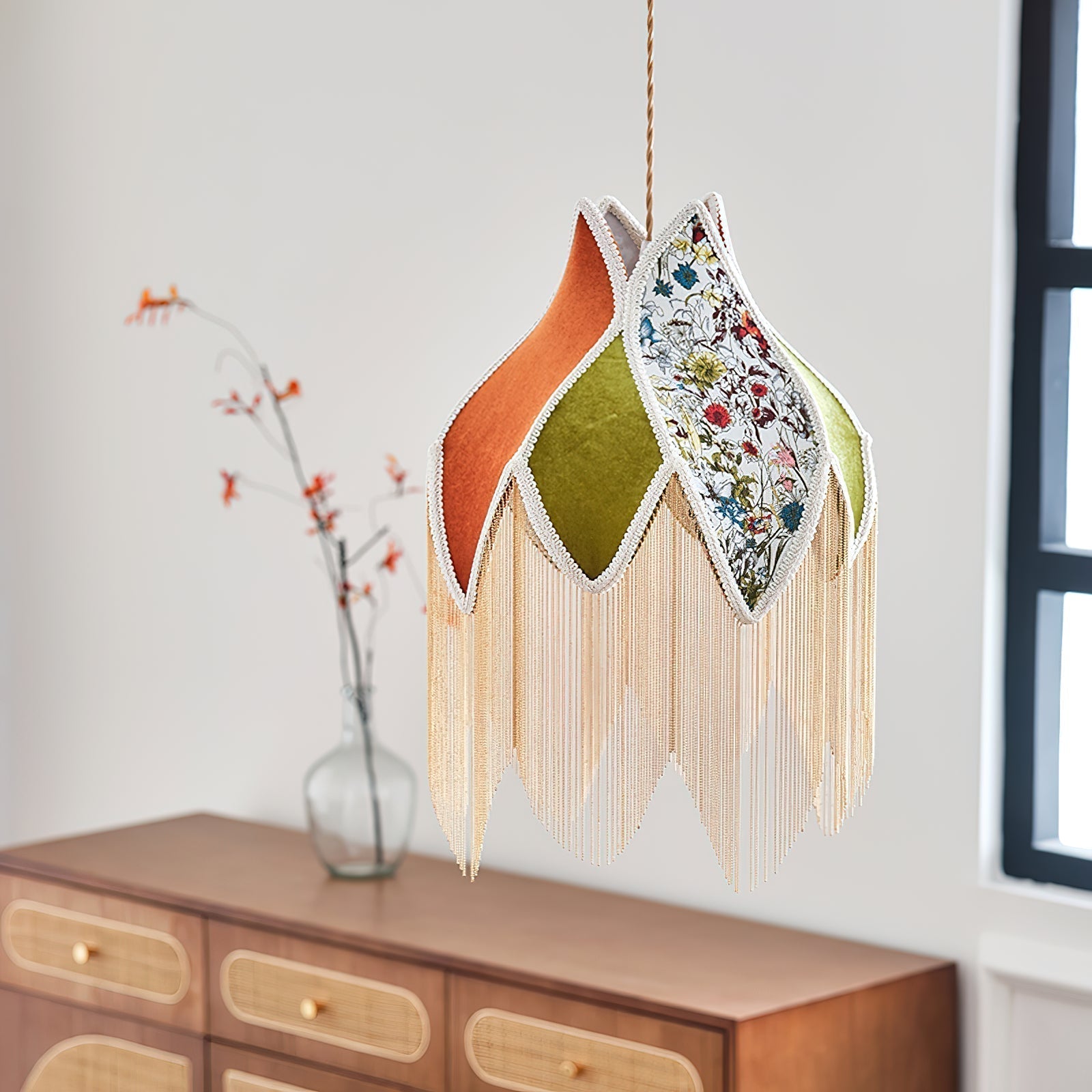 Pendelleuchte Blumenblatt Stoffschirm Fransen Bohemian-Letslighting