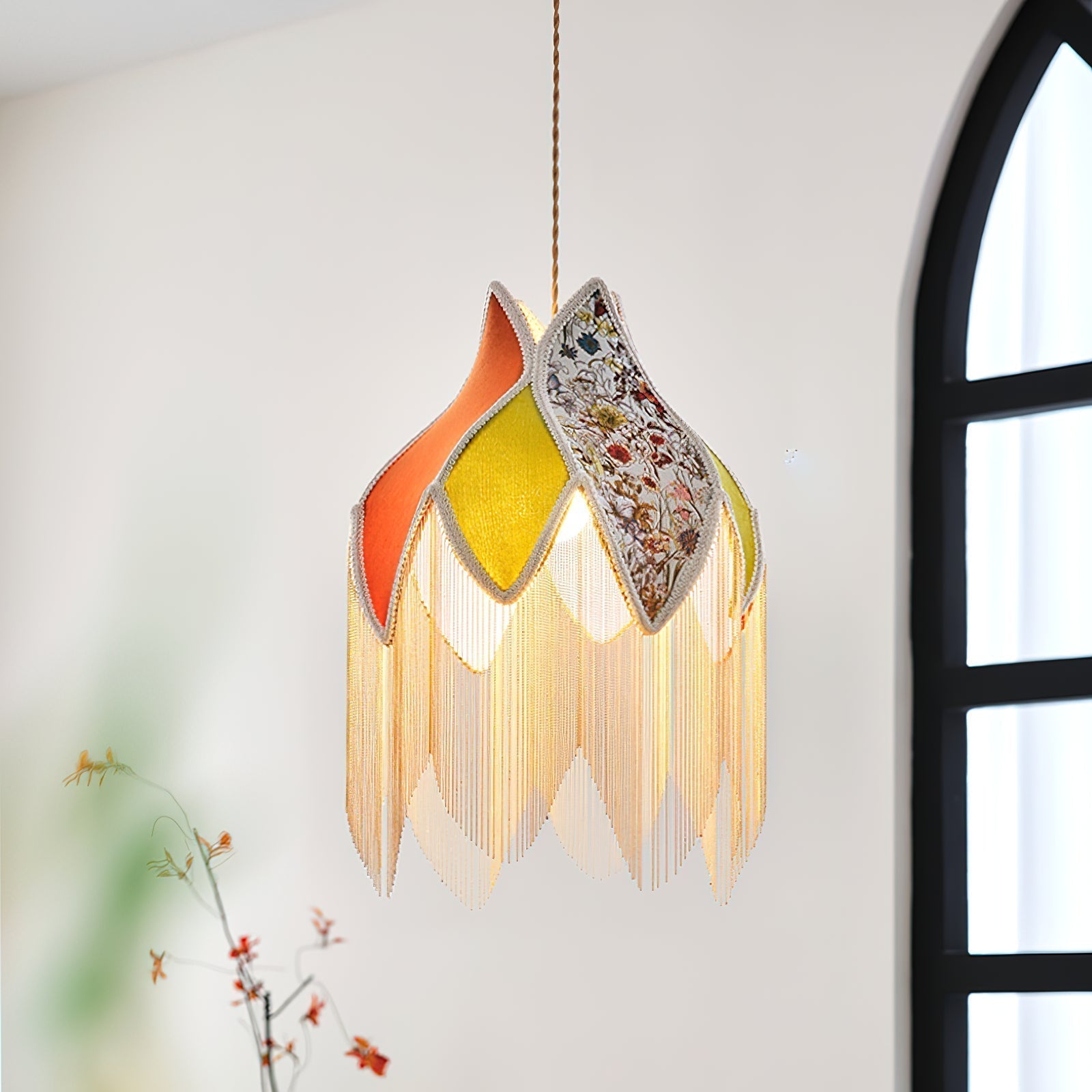 Pendelleuchte Blumenblatt Stoffschirm Fransen Bohemian-Letslighting
