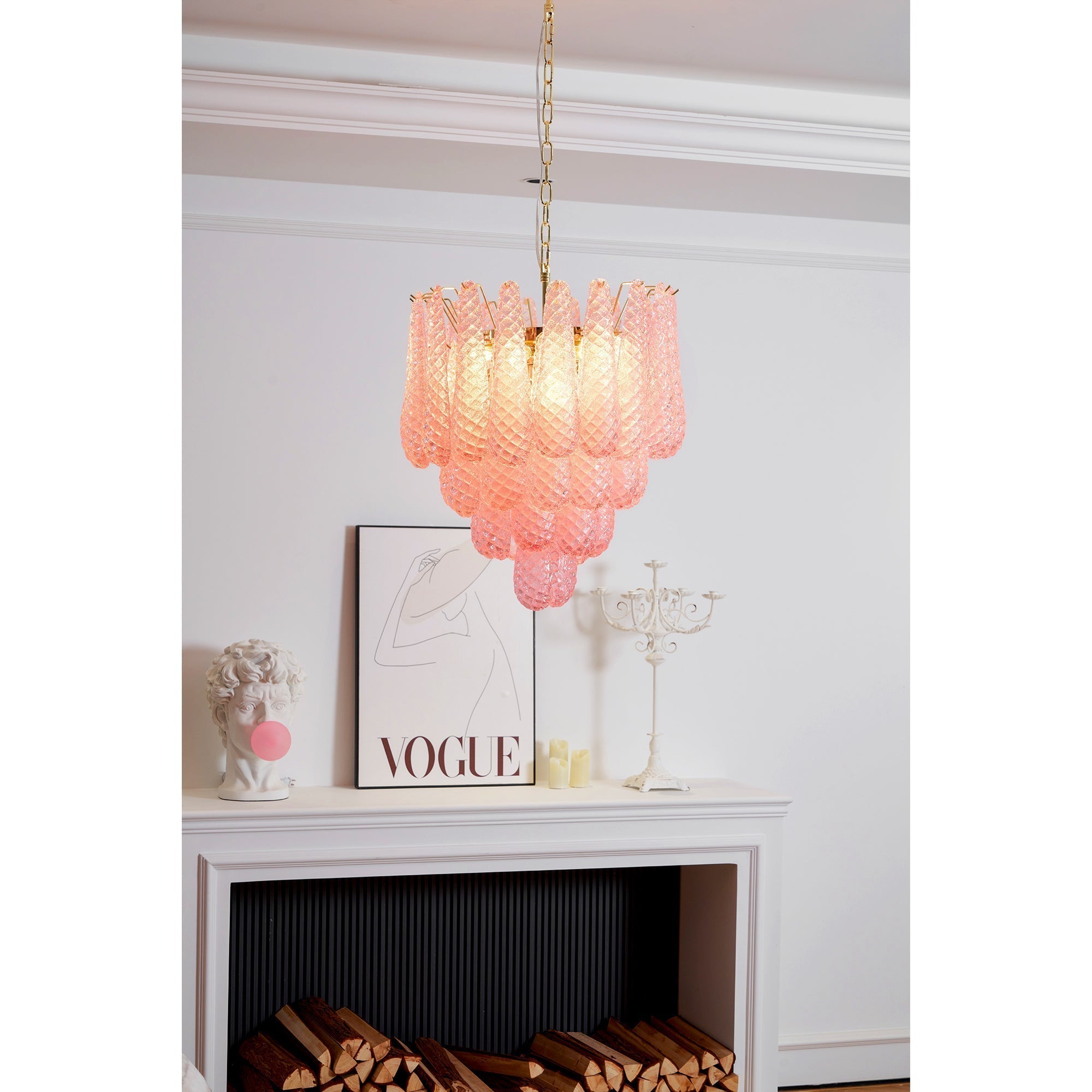 Aurora Chandelier Pink Droplet Murano Glass Diamond Pattern Waterfall - Neutralighting