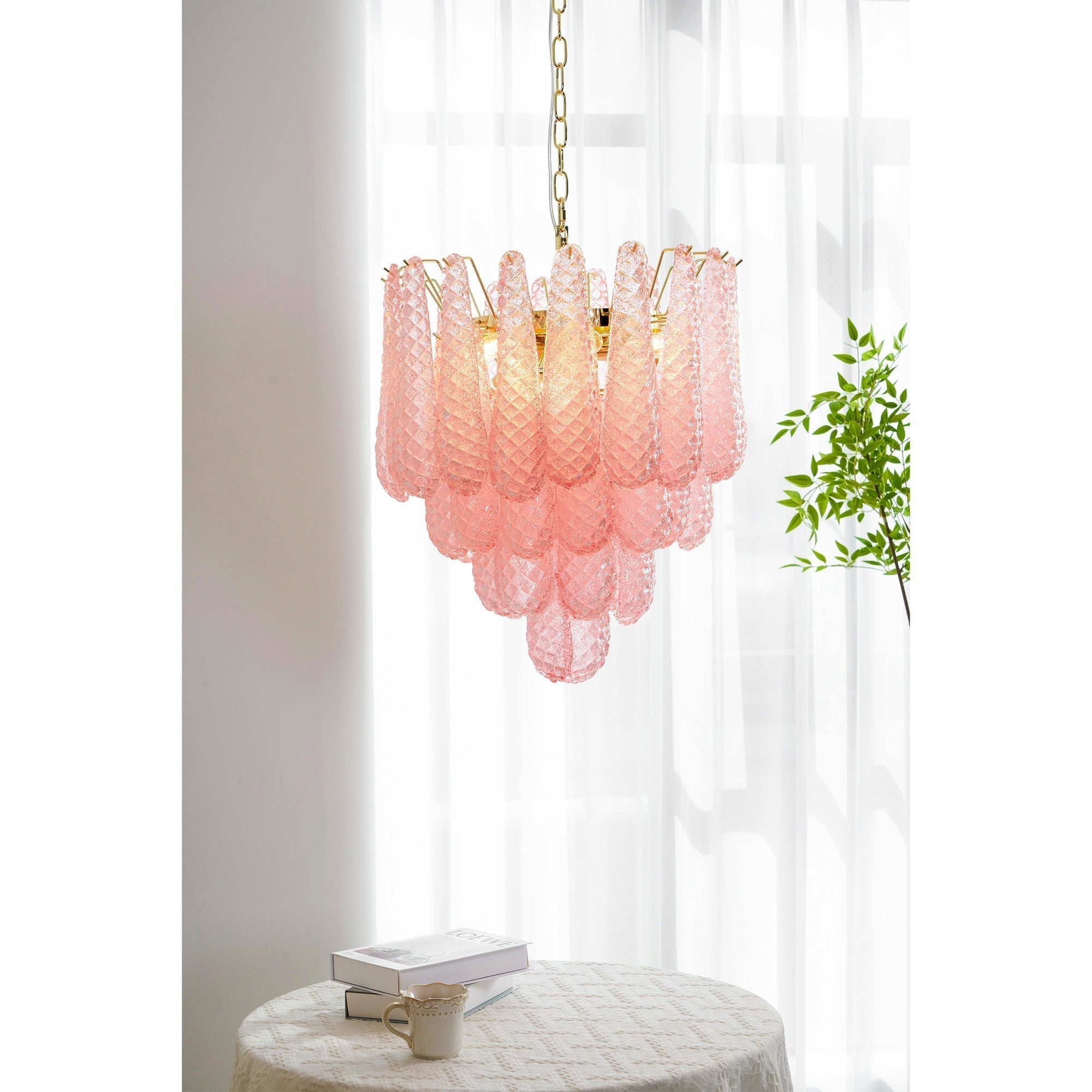 Aurora Chandelier Pink Droplet Murano Glass Diamond Pattern Waterfall - Neutralighting