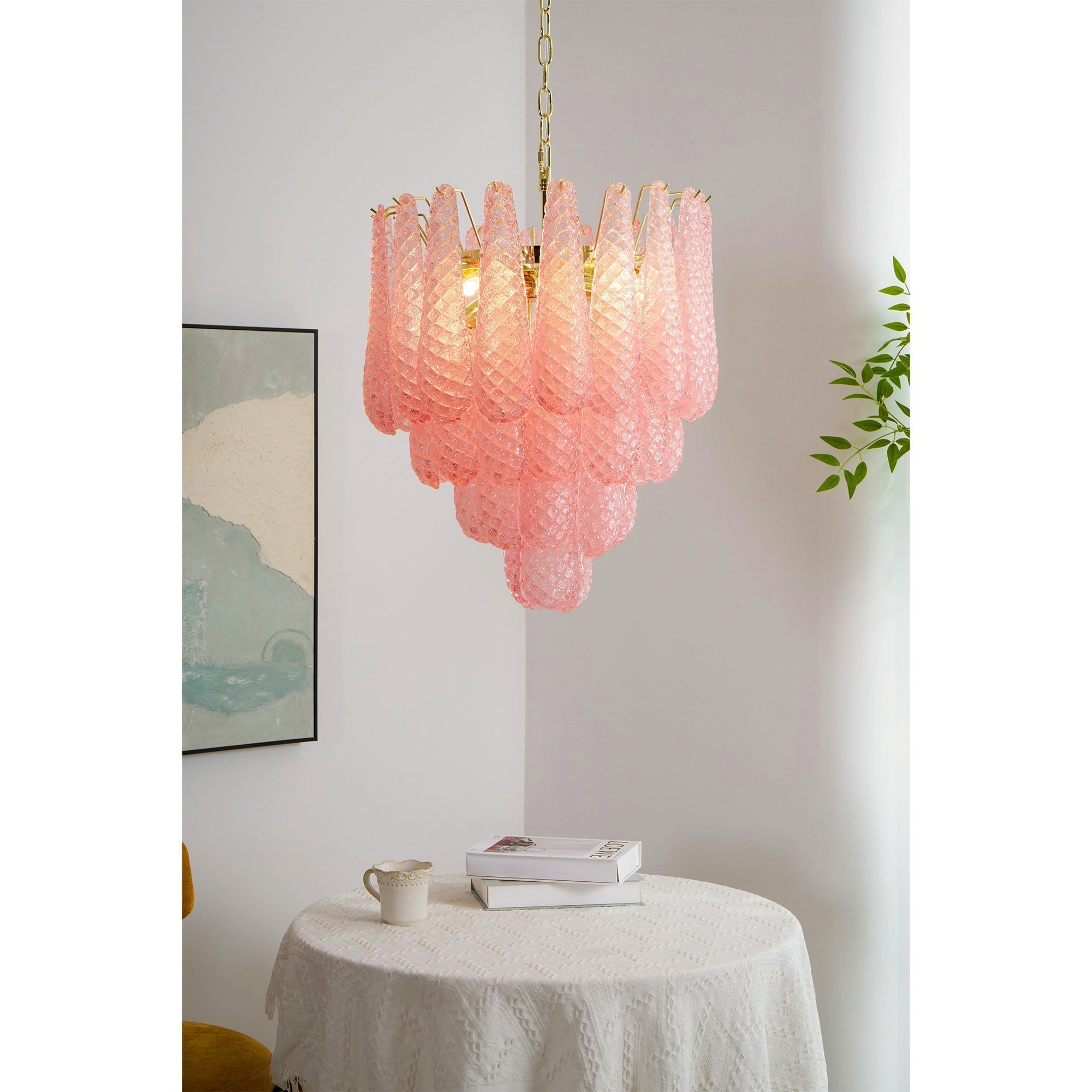 Aurora Chandelier Pink Droplet Murano Glass Diamond Pattern Waterfall - Neutralighting