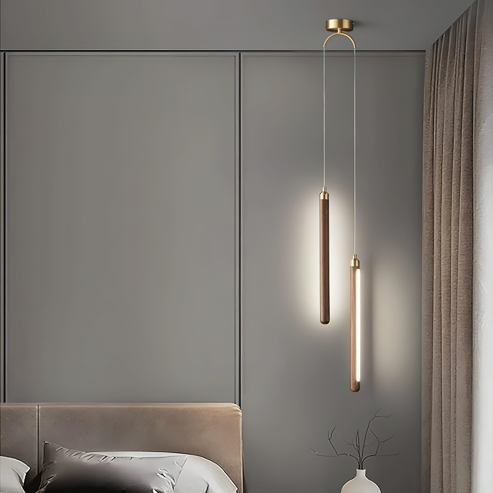 Kyoto Lineare Pendelleuchte aus Walnuss-Messing-Letslighting