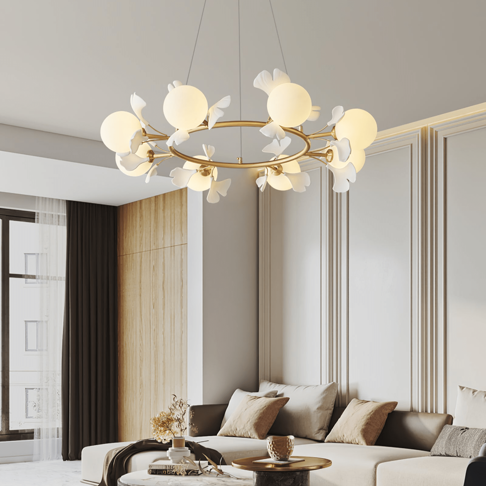 Olivia Keramik Gingko Blume Messing Kronleuchter-Letslighting
