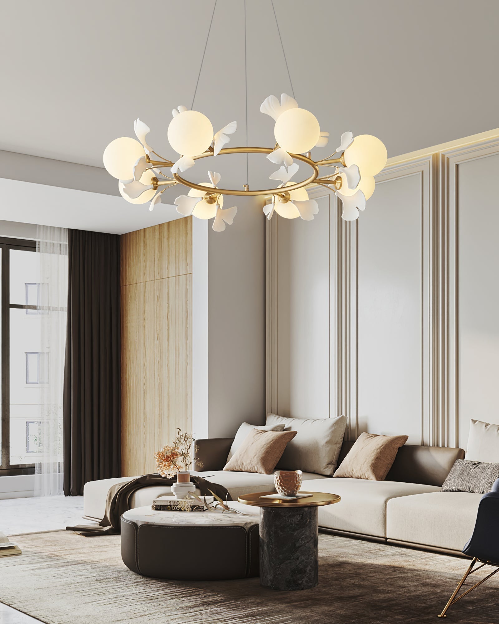 Olivia Keramik Gingko Blume Messing Kronleuchter-Letslighting