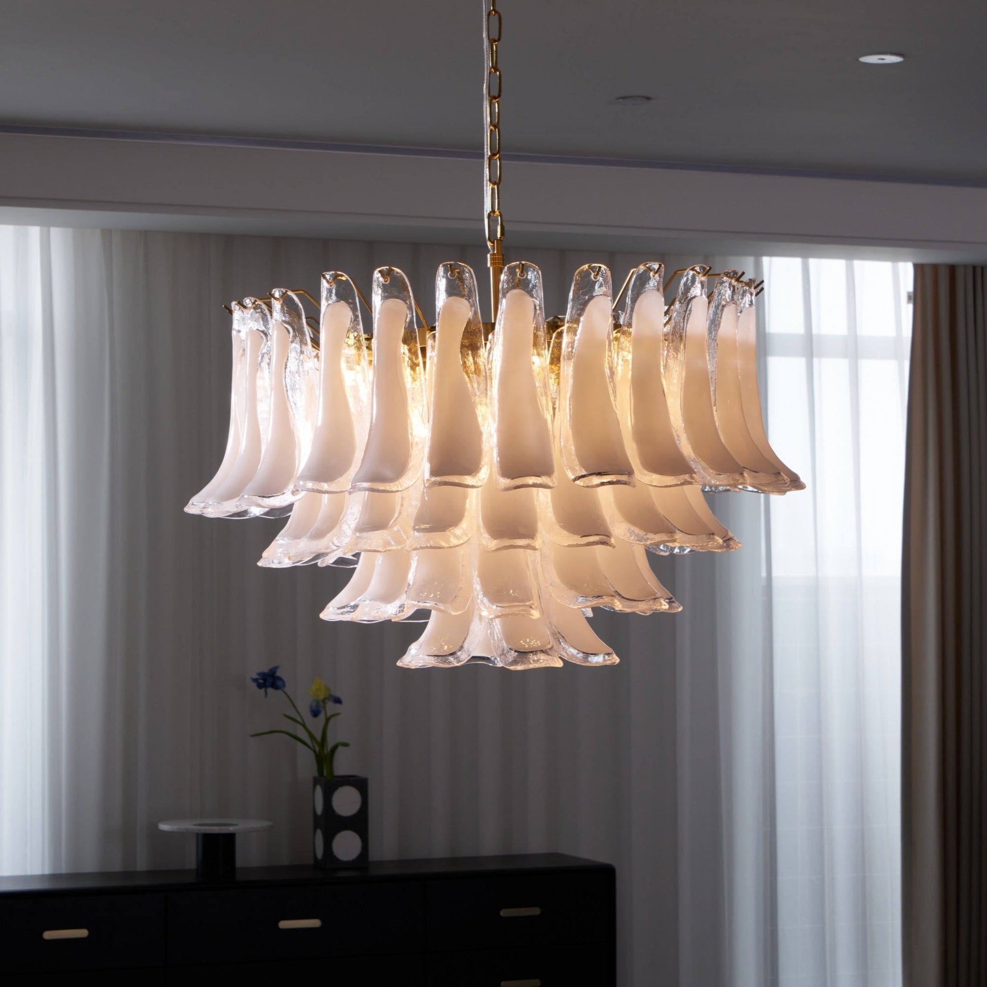 Aurora Chandelier Pink Glass Leaf Layered Floral Glamour - Neutralighting