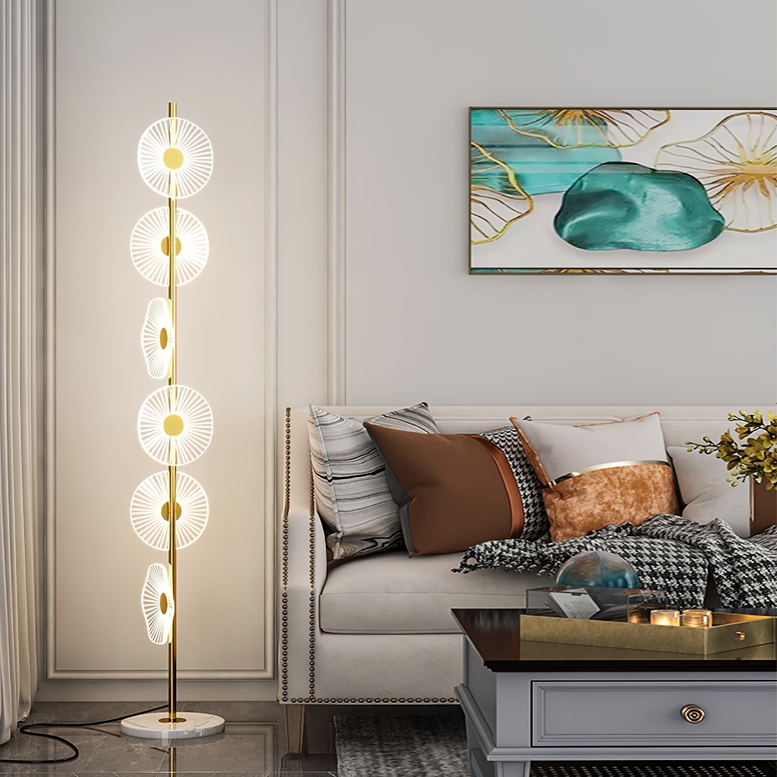Arisha Stehleuchte Kreis Modern, Acryl, Weiß/Gold, Schlafzimmer