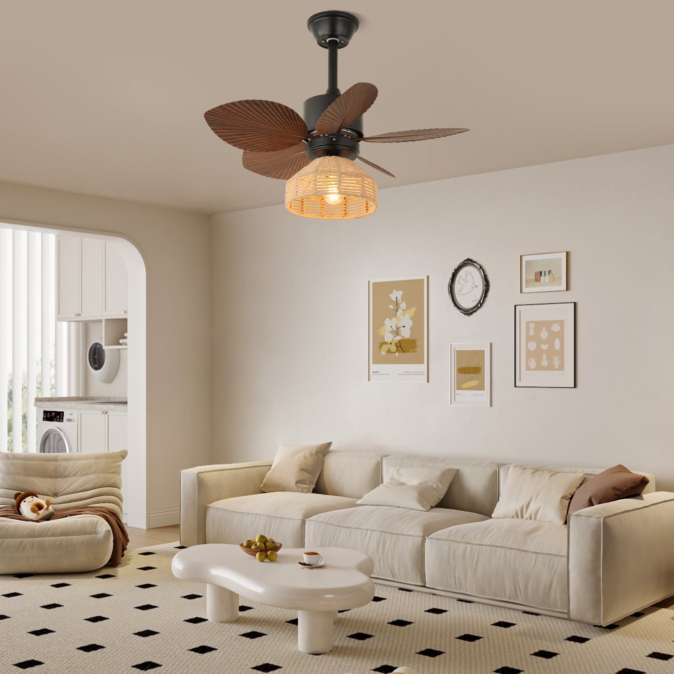 Rivora Deckenventilatorleuchte in einem Raum mit tropischem Thema