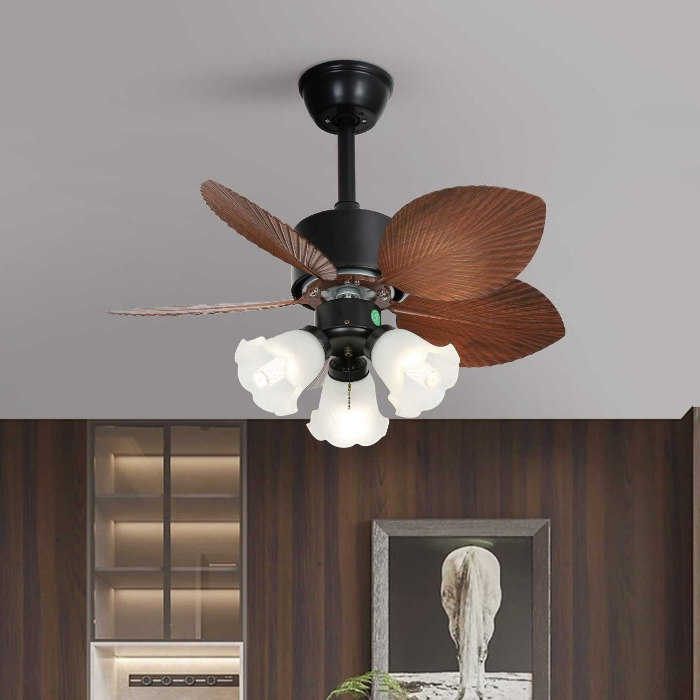 Florence Vintage Holz-Deckenventilator mit Beleuchtung in einem modernen Wohnzimmerambiente