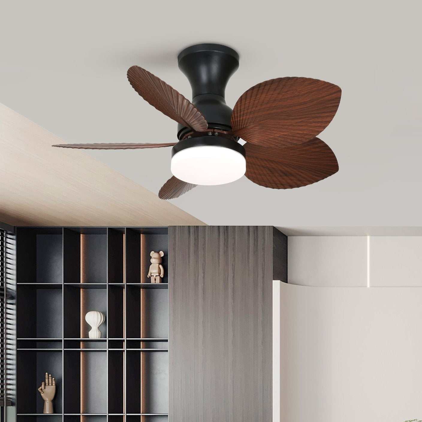 Detaillierte Ansicht des Glasschirms am Florence Vintage Holz-Deckenventilator mit Beleuchtung