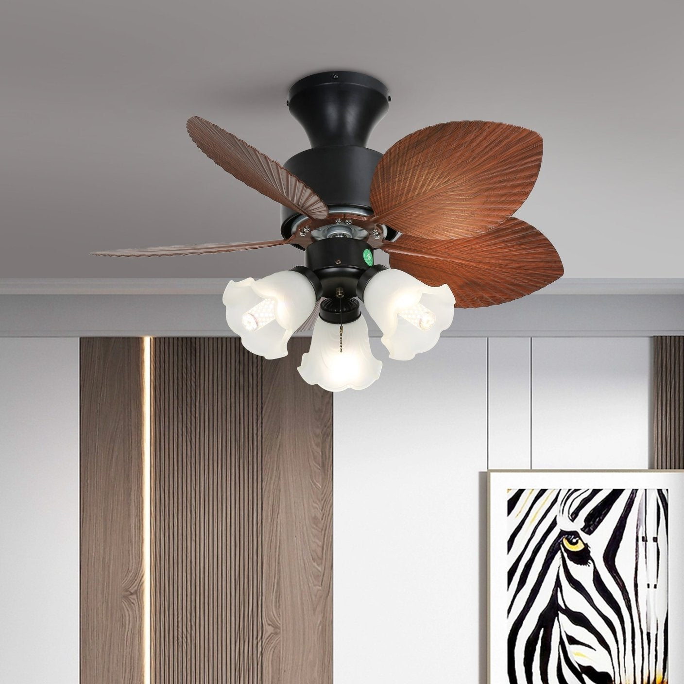 Florence Vintage Holz-Deckenventilator mit Beleuchtung, der seinen Metallrahmen zeigt