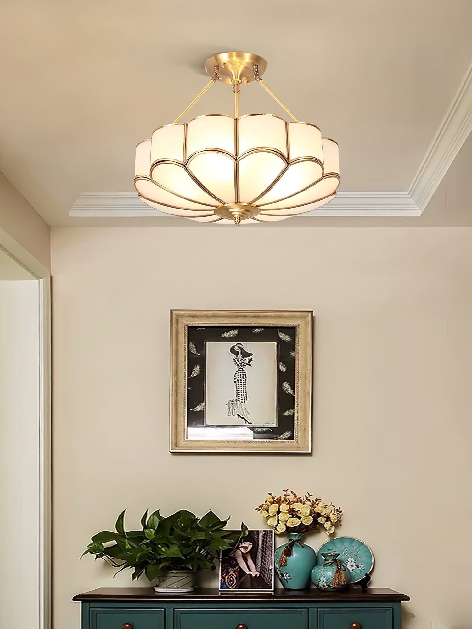 Solara Ceiling Light Frosted Glass Petal Brass Art - Letslighting