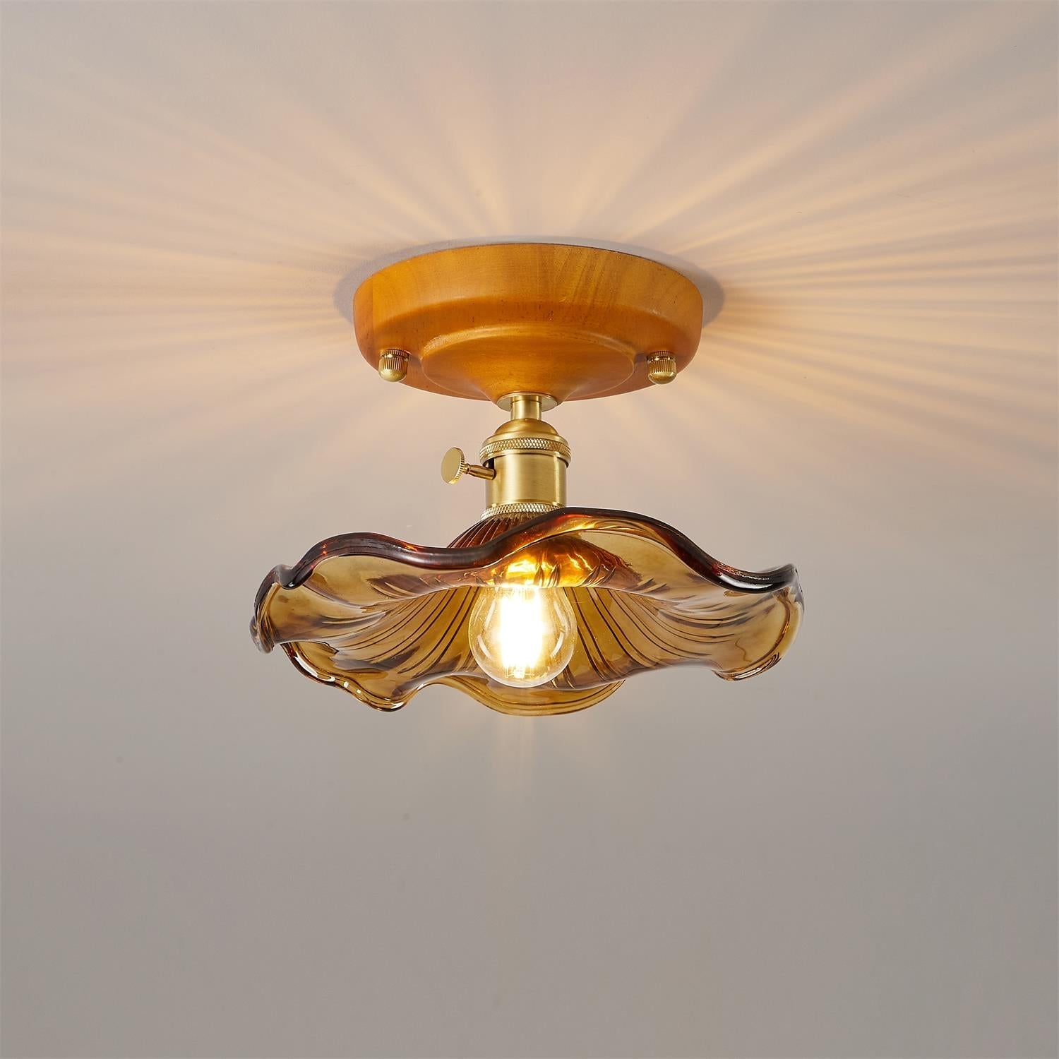Ceiling Light Wood Canopy Brass & Glass Shade Vintage Floral Farmhouse - Letslighting