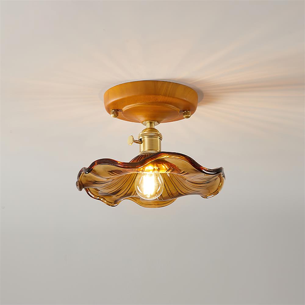 Ceiling Light Wood Canopy Brass & Glass Shade Vintage Floral Farmhouse - Letslighting