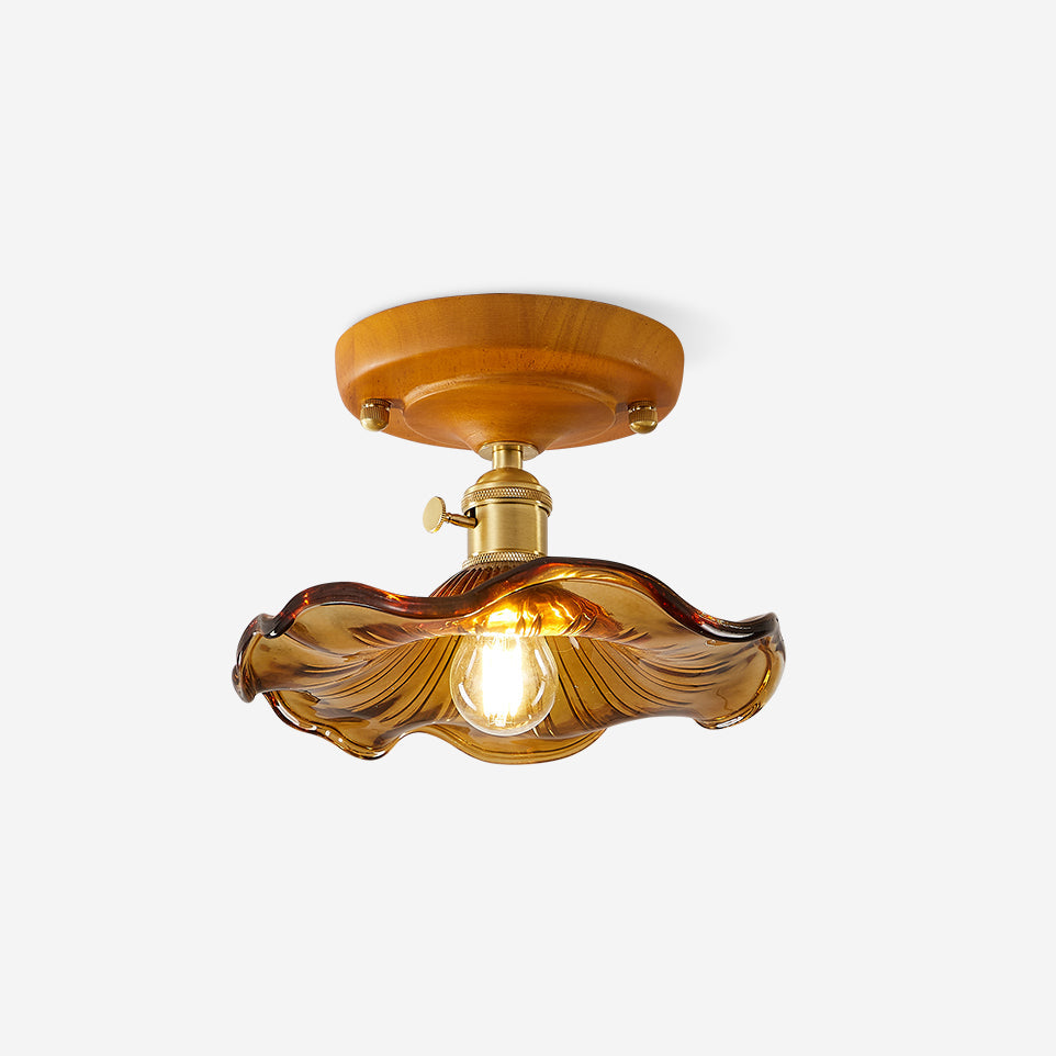 Ceiling Light Wood Canopy Brass & Glass Shade Vintage Floral Farmhouse - Letslighting