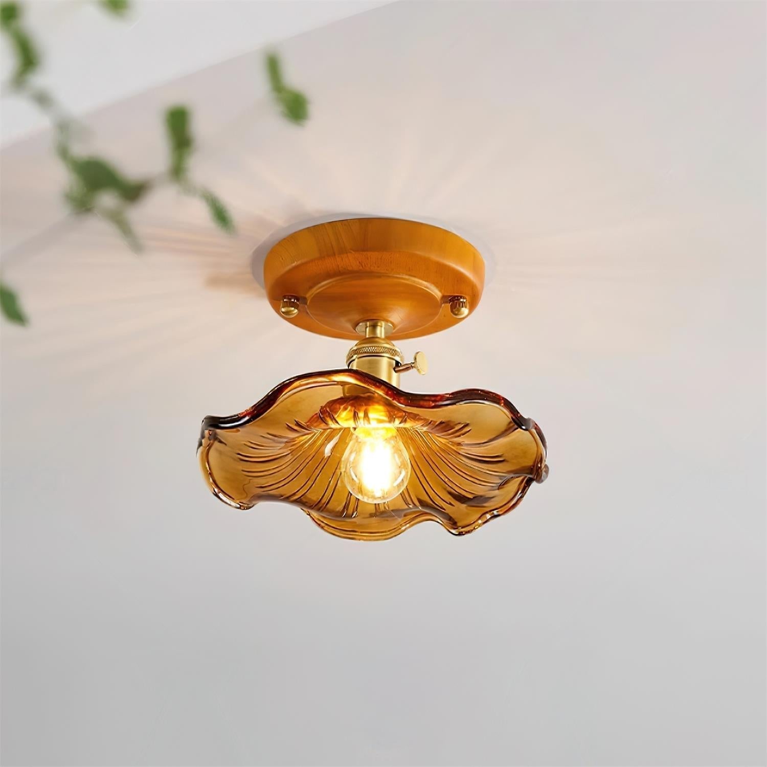 Ceiling Light Wood Canopy Brass & Glass Shade Vintage Floral Farmhouse - Letslighting