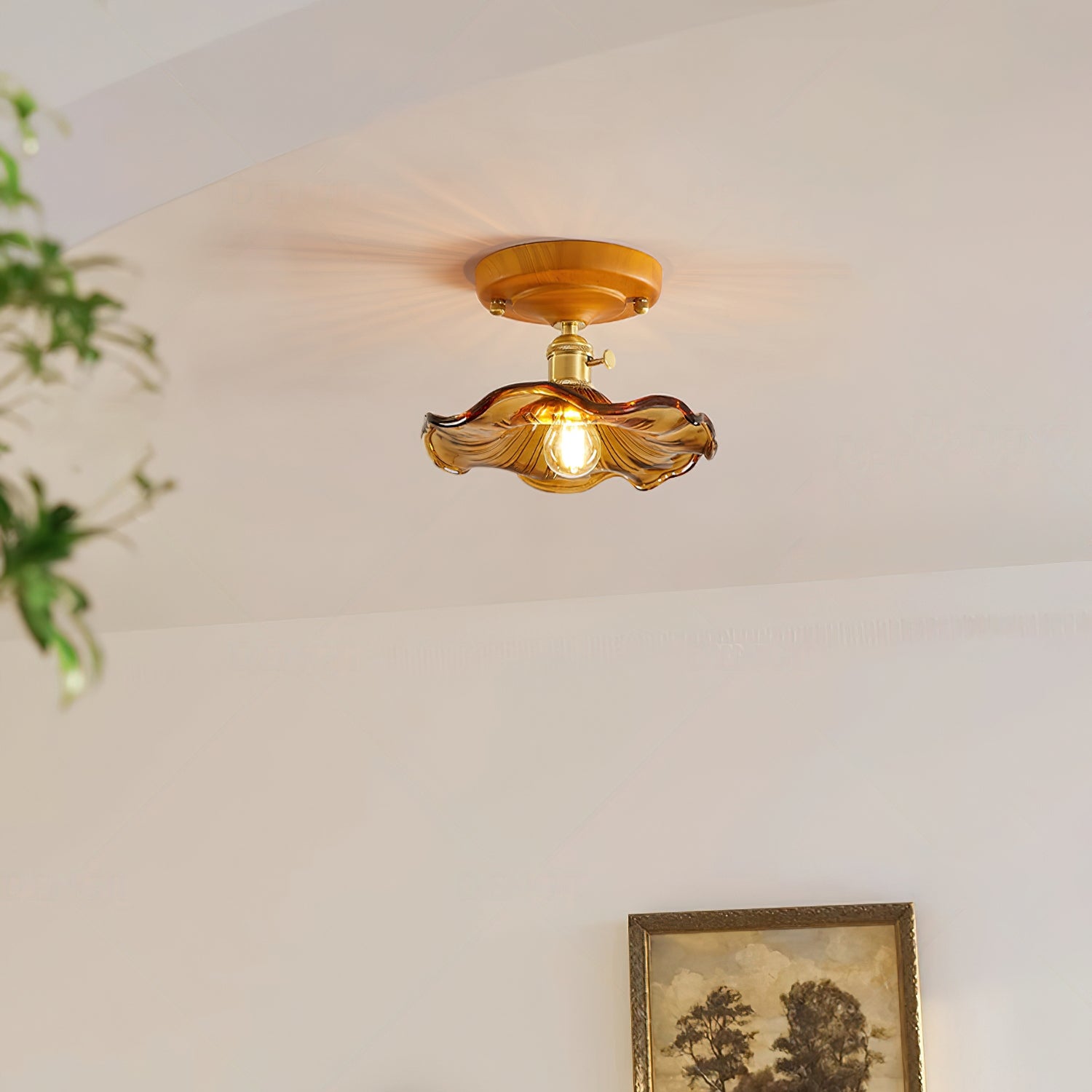 Ceiling Light Wood Canopy Brass & Glass Shade Vintage Floral Farmhouse - Letslighting