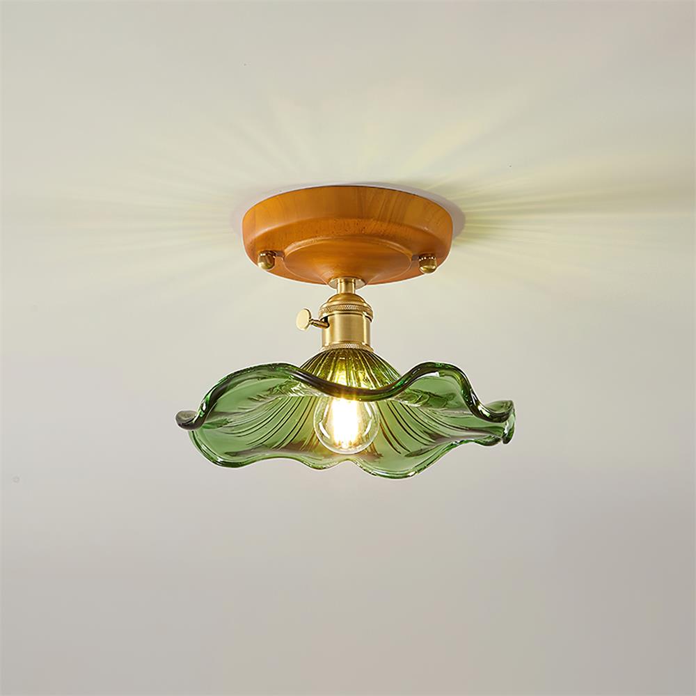 Ceiling Light Wood Canopy Brass & Glass Shade Vintage Floral Farmhouse - Letslighting