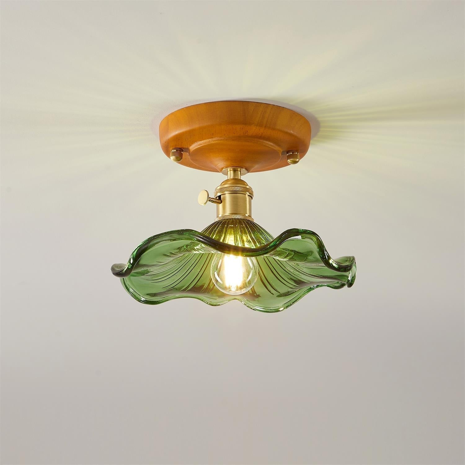 Ceiling Light Wood Canopy Brass & Glass Shade Vintage Floral Farmhouse - Letslighting