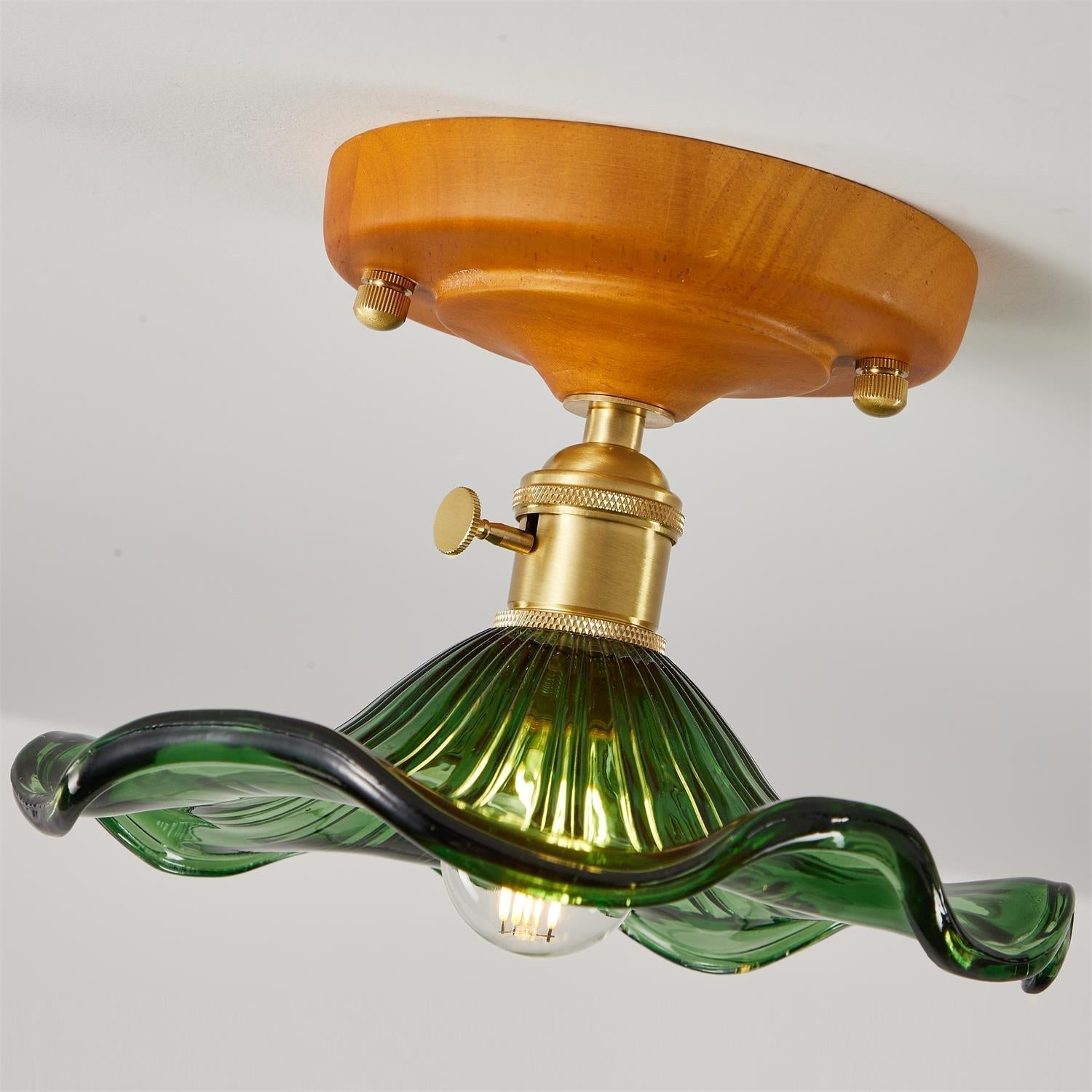 Ceiling Light Wood Canopy Brass & Glass Shade Vintage Floral Farmhouse - Letslighting