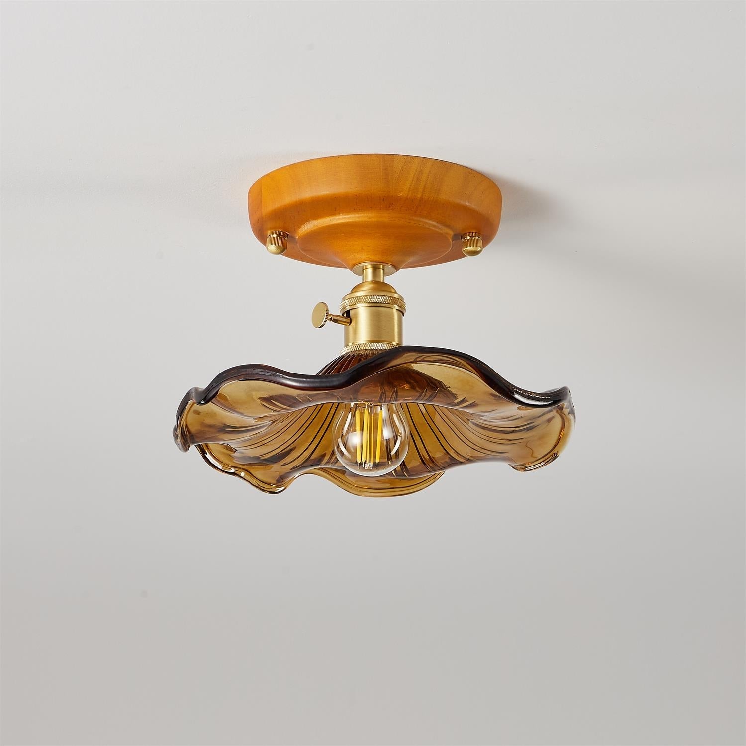 Ceiling Light Wood Canopy Brass & Glass Shade Vintage Floral Farmhouse - Letslighting