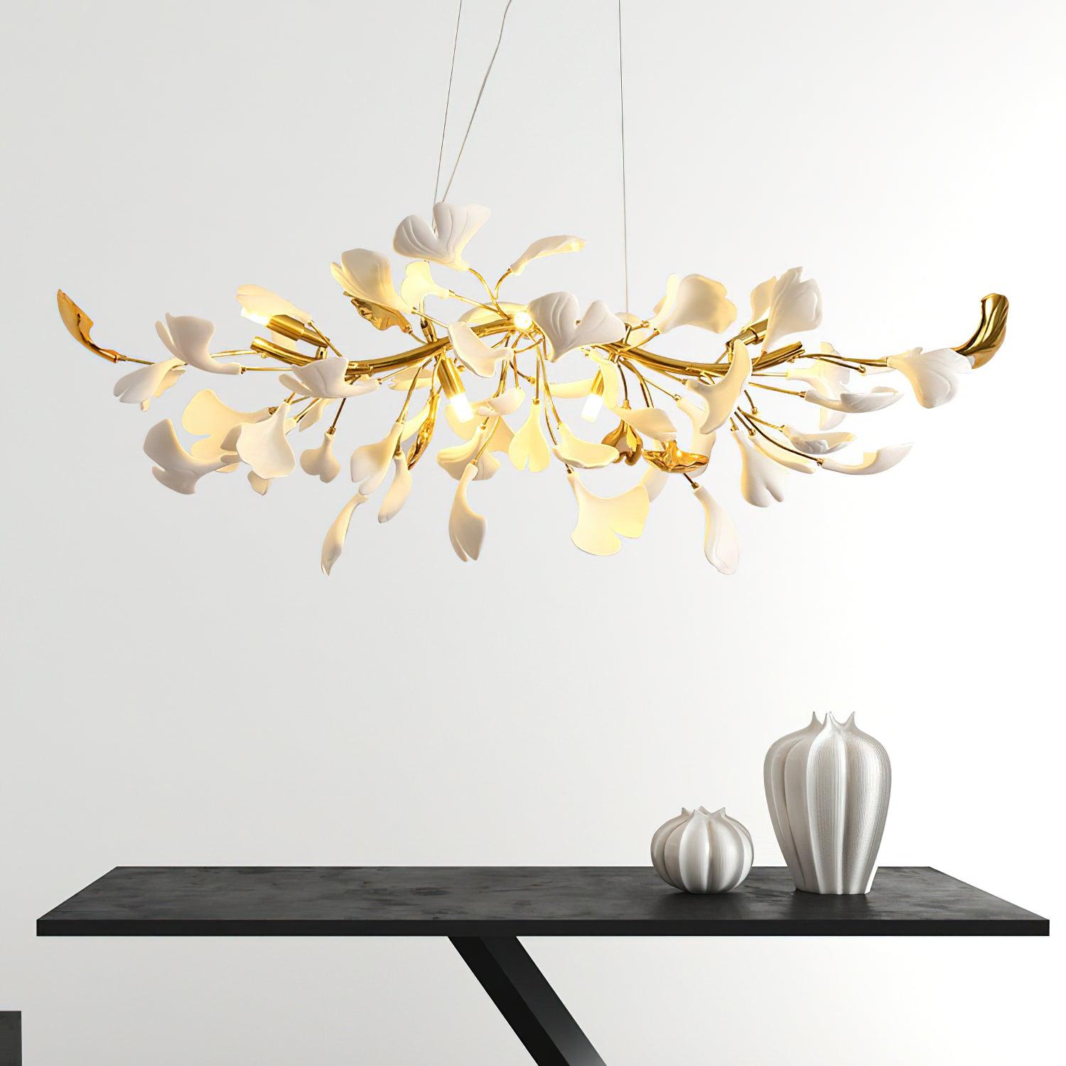 Olivia Linearer Kronleuchter aus Keramik mit Gingko-Muster-Letslighting