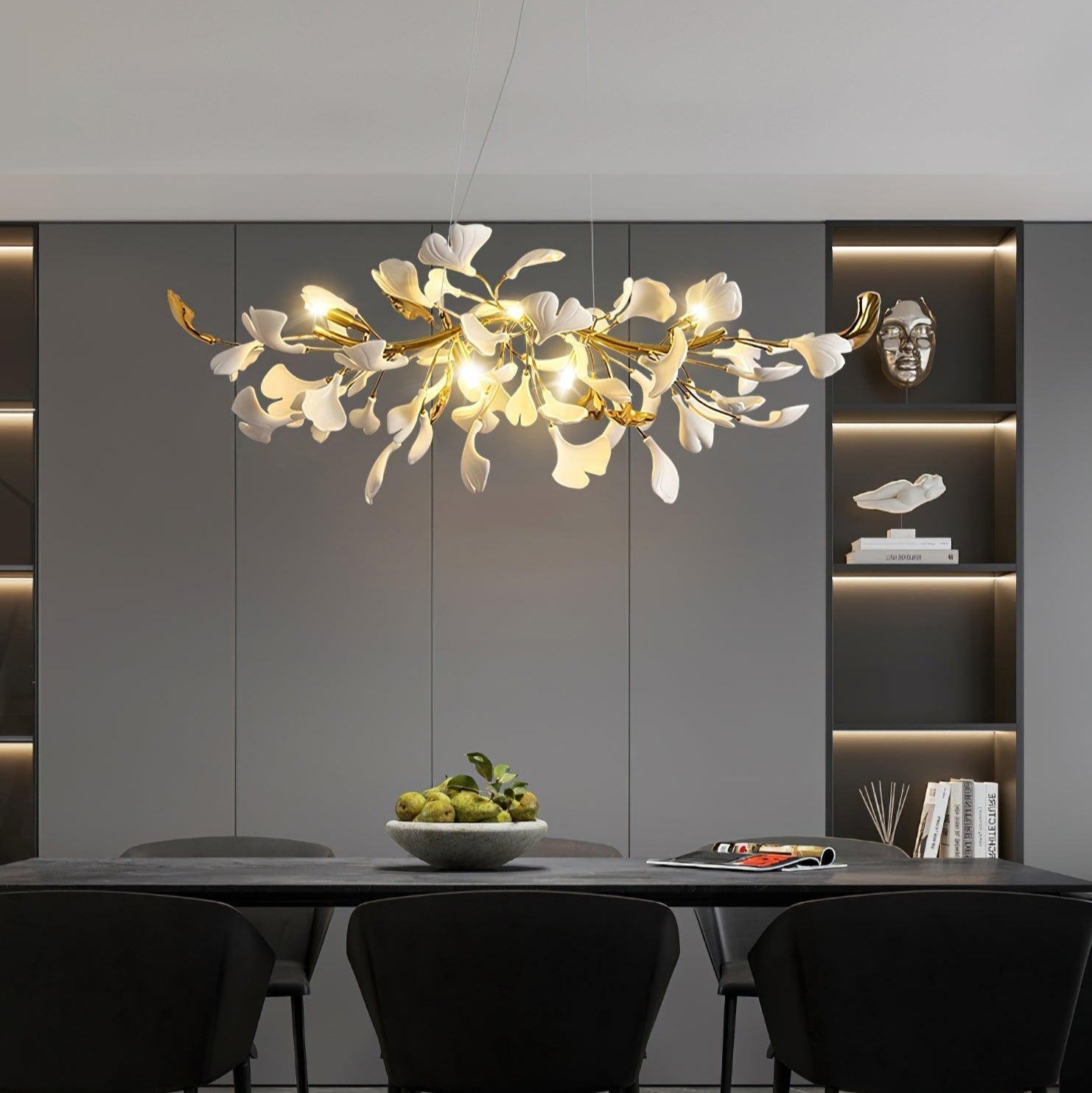 Olivia Linearer Kronleuchter aus Keramik mit Gingko-Muster-Letslighting