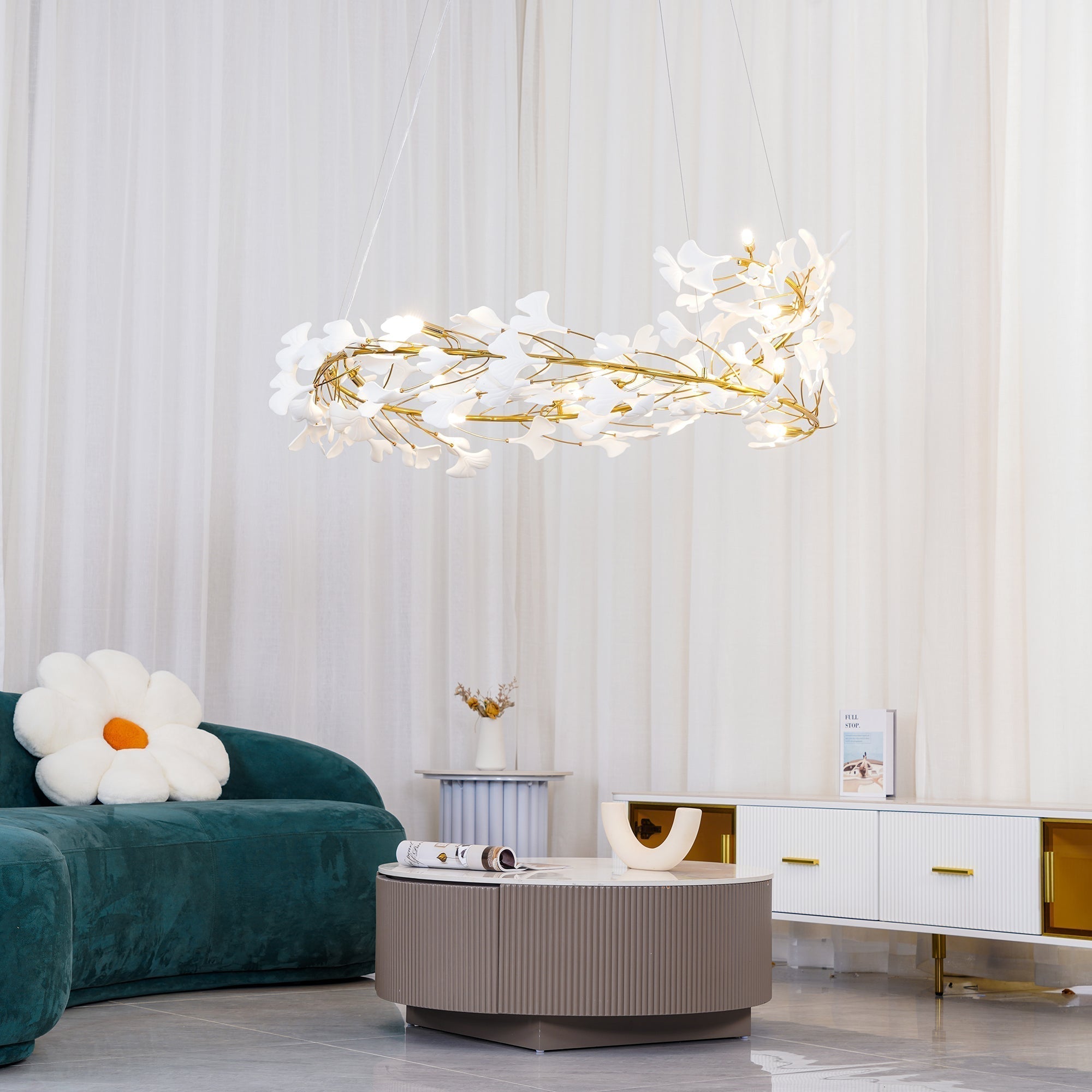 Lustra Lampe Pendante Gingko Porcelaine Feuilles Or-Letslighting
