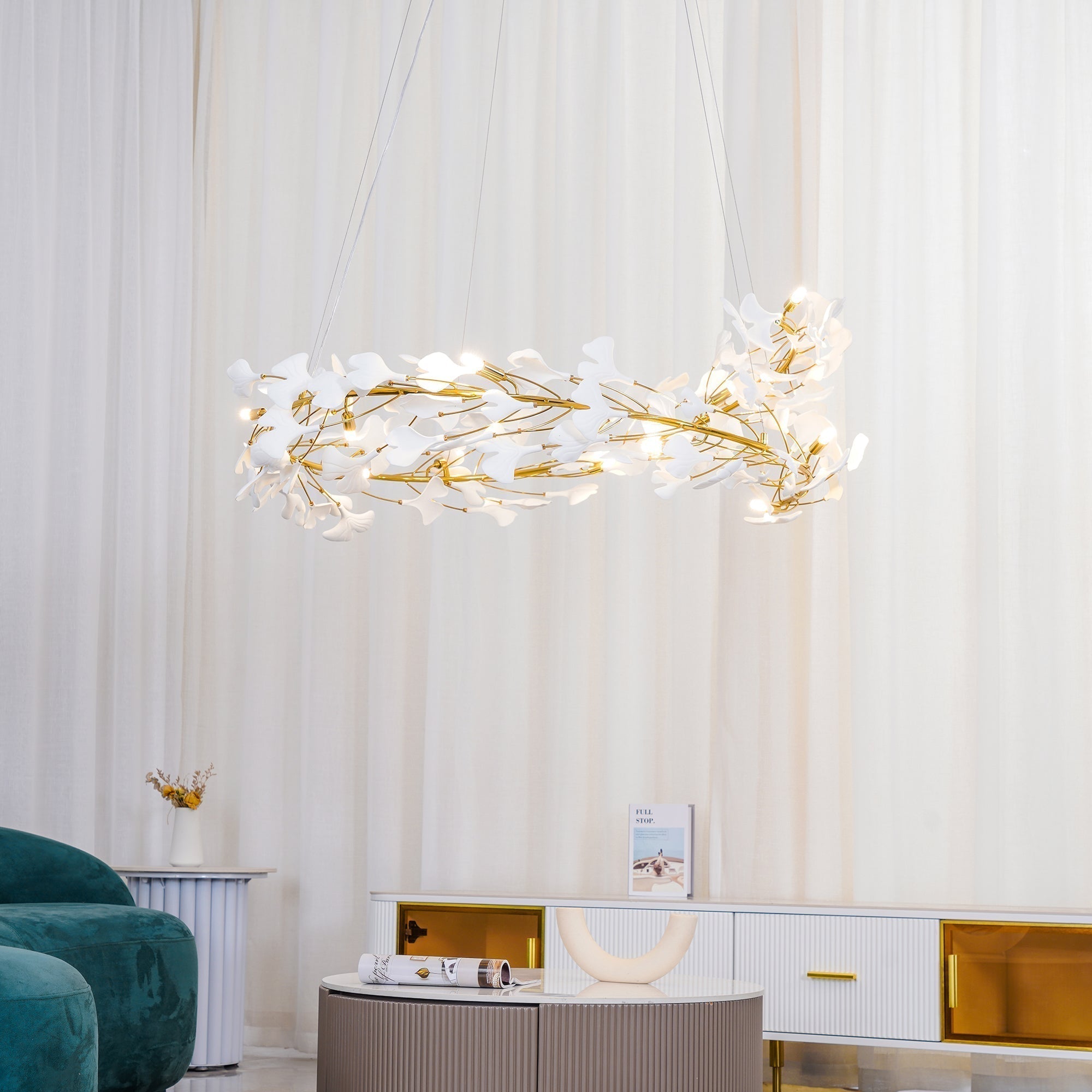 Lustra Lampe Pendante Gingko Porcelaine Feuilles Or-Letslighting