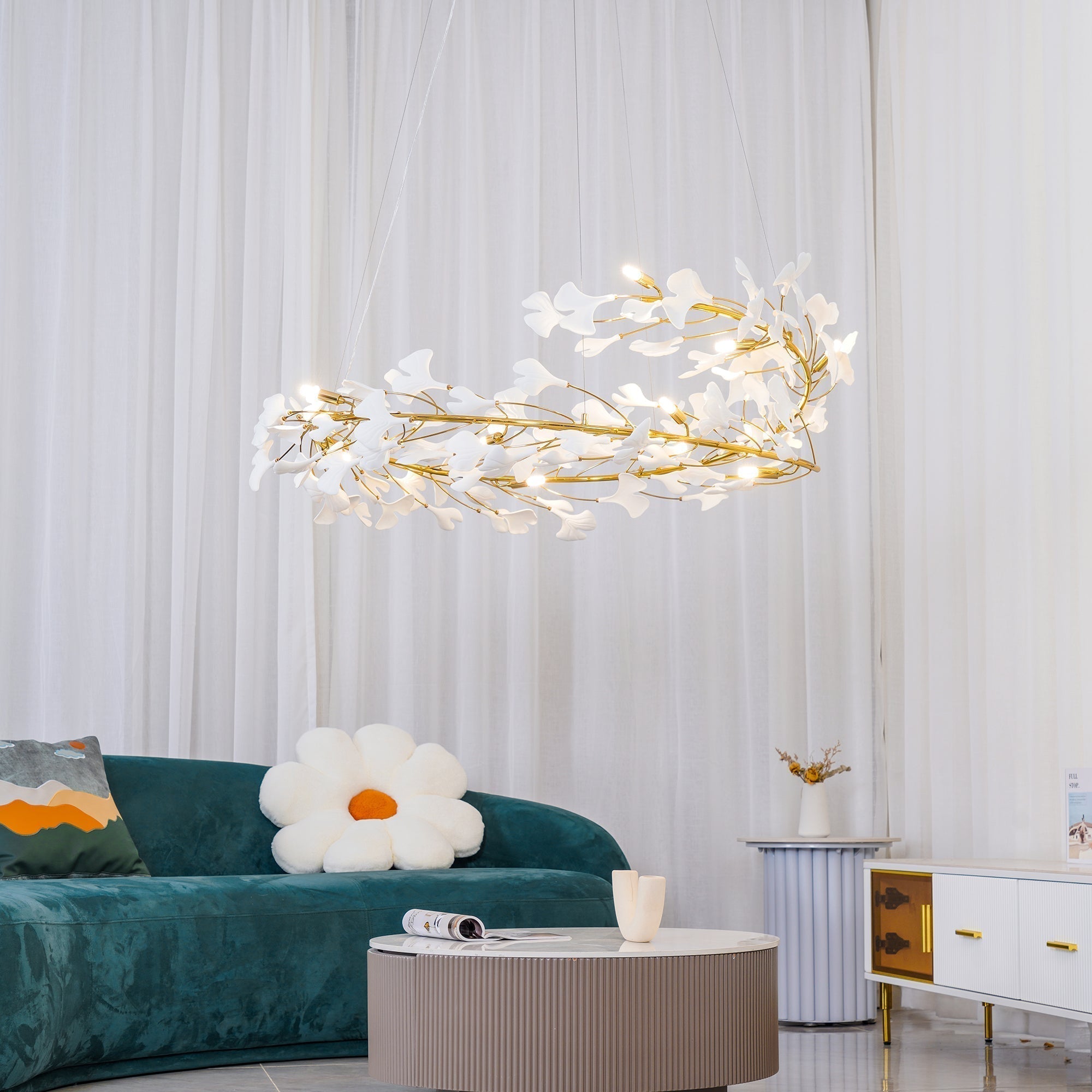 Lustra Lampe Pendante Gingko Porcelaine Feuilles Or-Letslighting