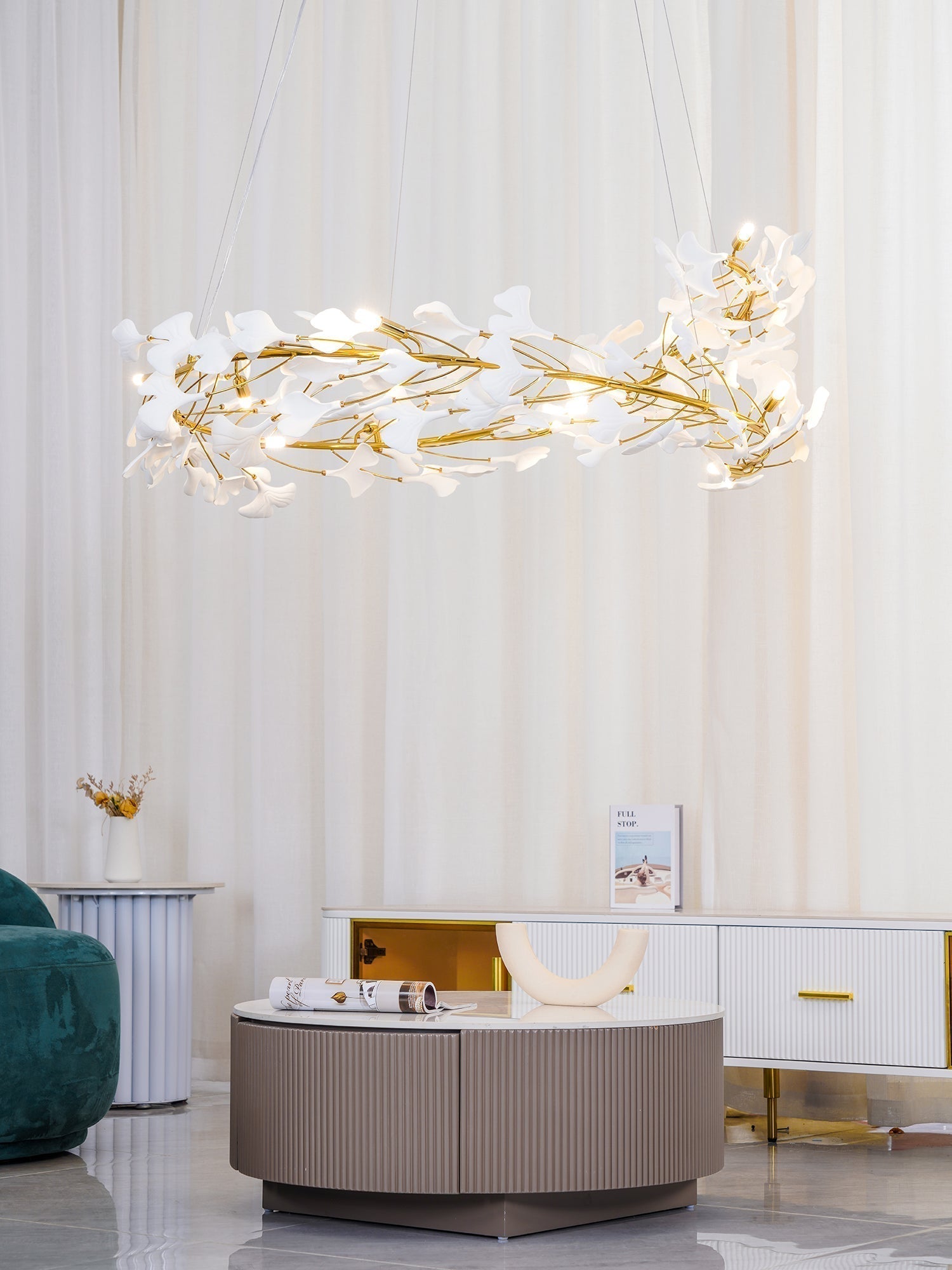 Lustra Lampe Pendante Gingko Porcelaine Feuilles Or-Letslighting