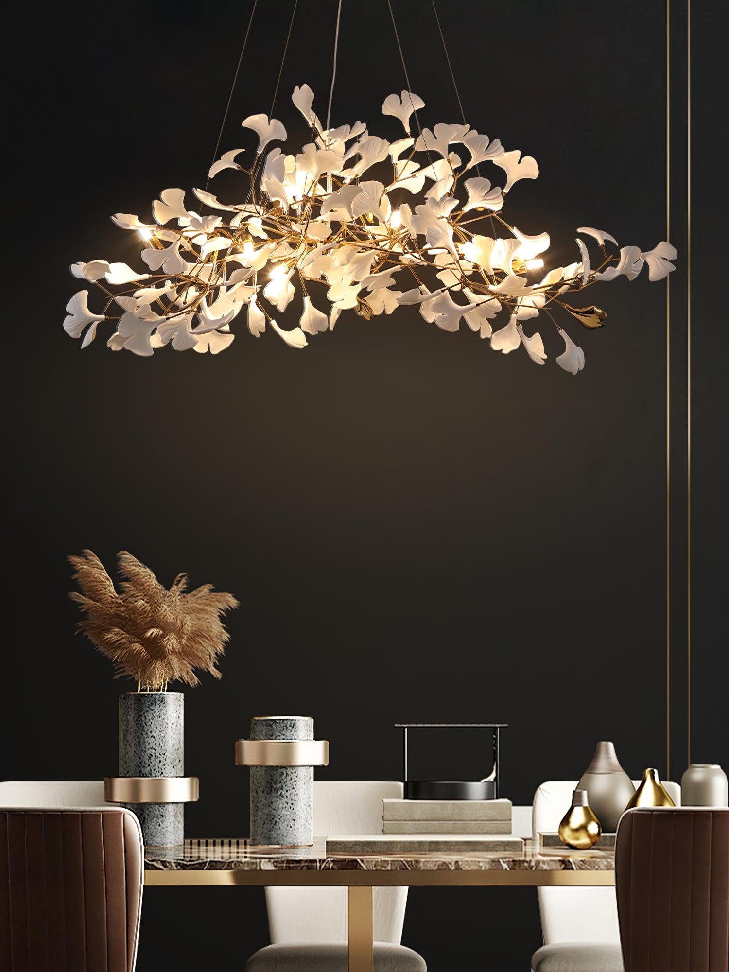 Chandelier White Ceramic Ginkgo Petals Gold - Letslighting