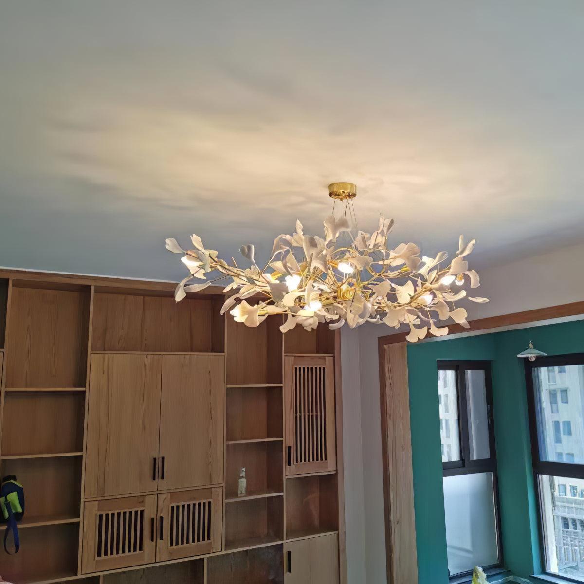 Chandelier White Ceramic Ginkgo Petals Gold - Letslighting