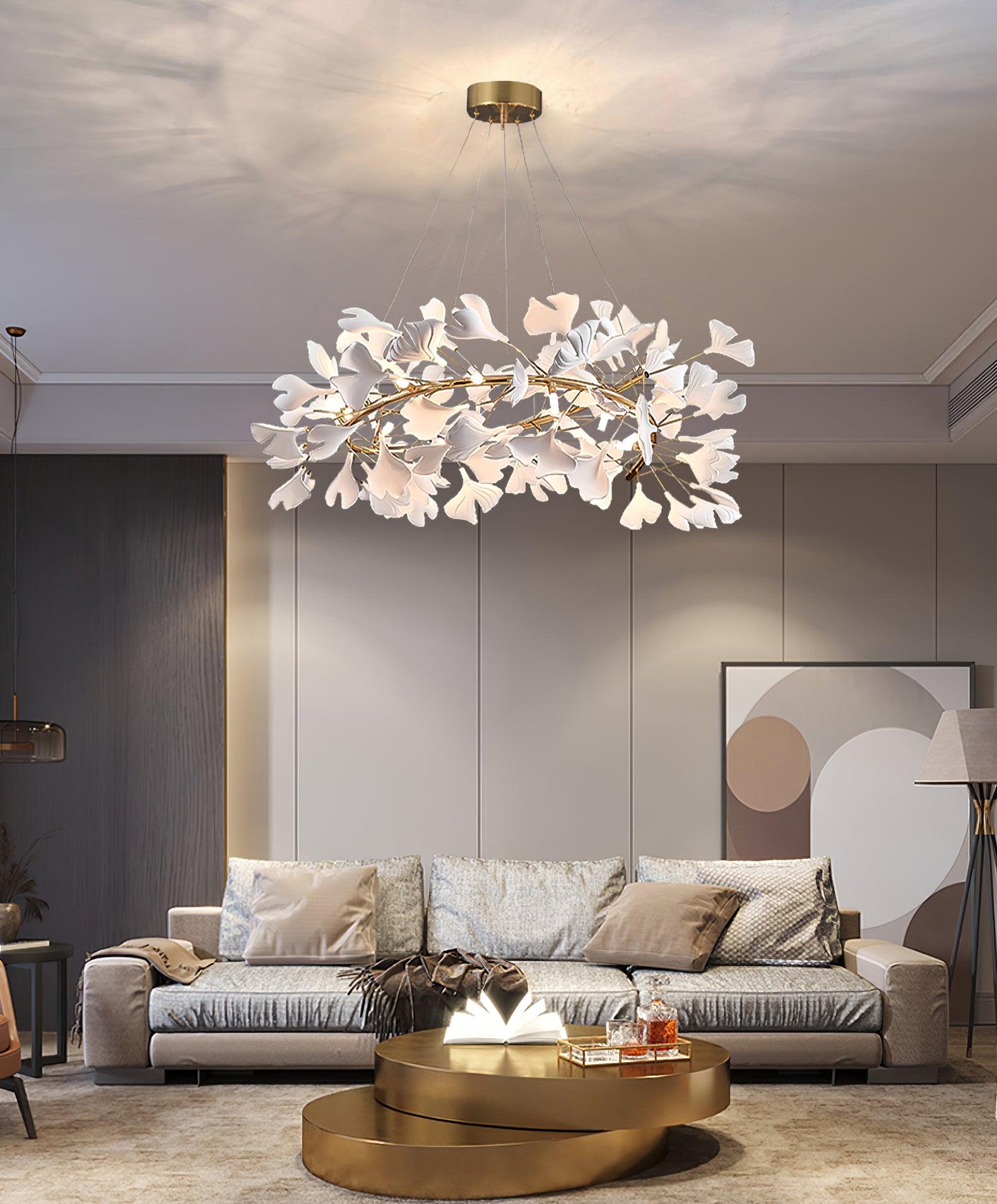 Lustra Lampe Pendante Gingko Porcelaine Feuilles Or-Letslighting
