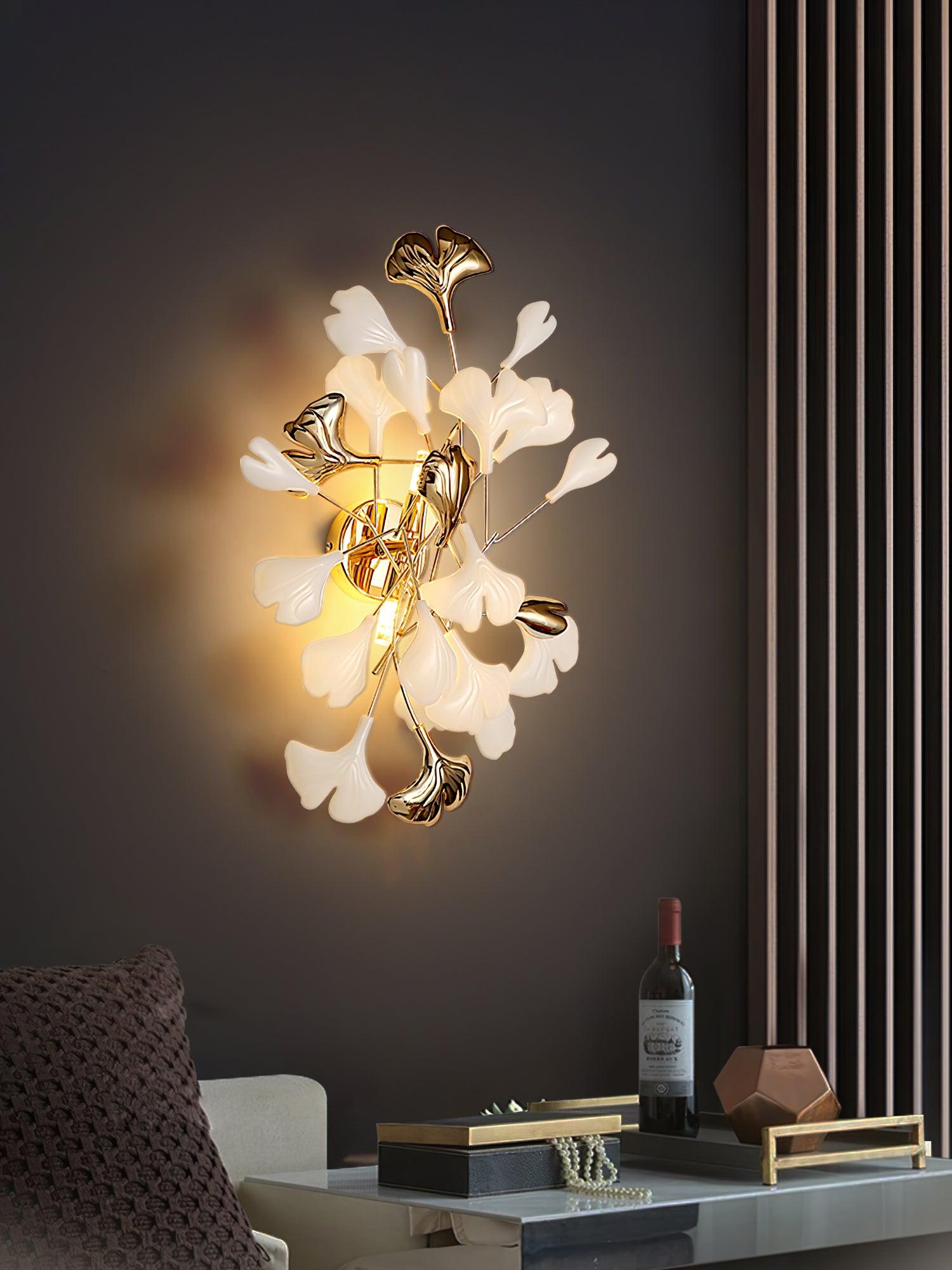 Wall Lamp Gingko Ceramic Petal Shades Gold Art Nouveau - Letslighting